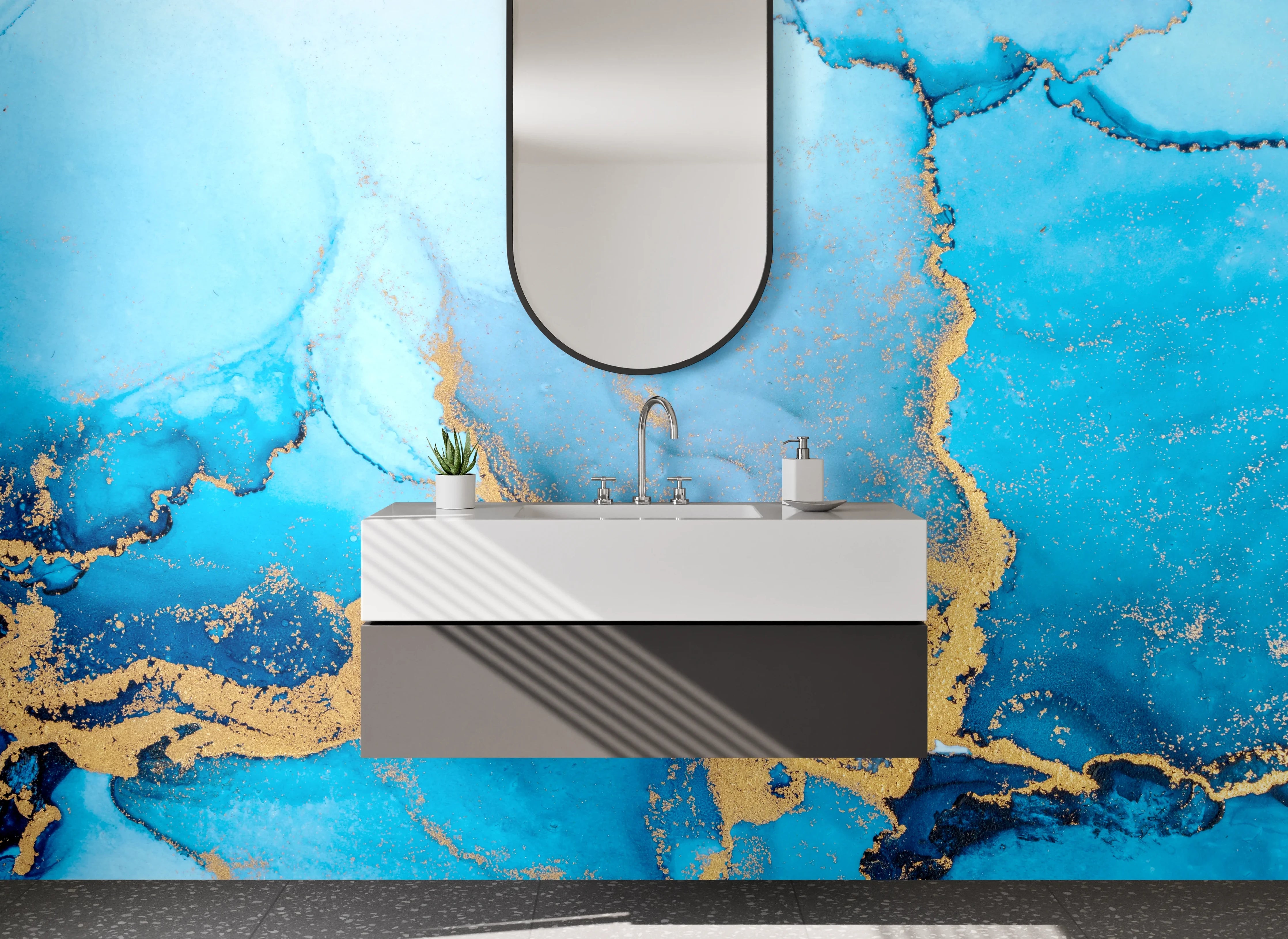 Waschbecken-Rückwand - Abstrakte blaue Marmor-Gold Optik