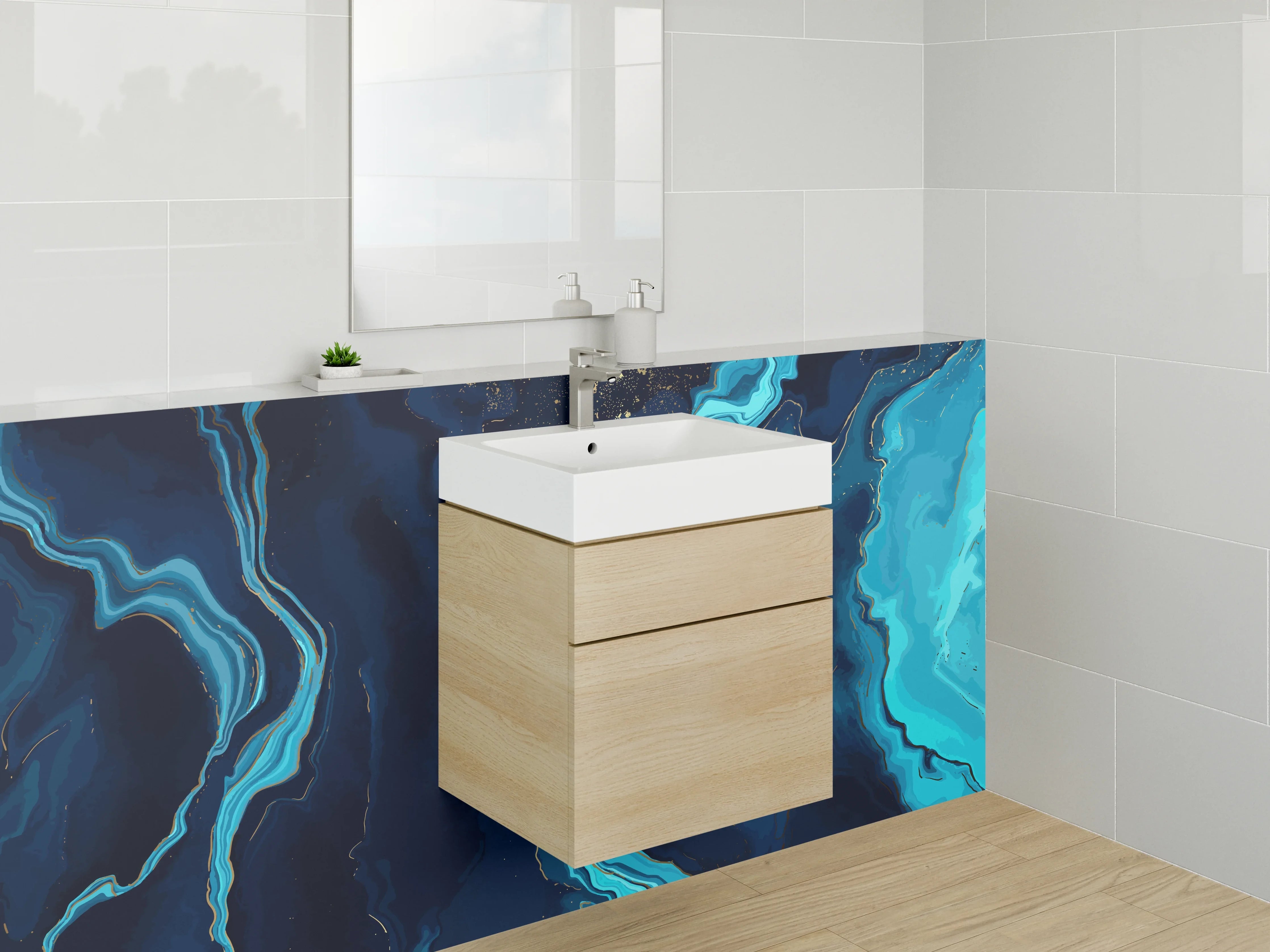 Waschbecken-Rückwand - Abstrakte blaue Marmor-Optik Kunst