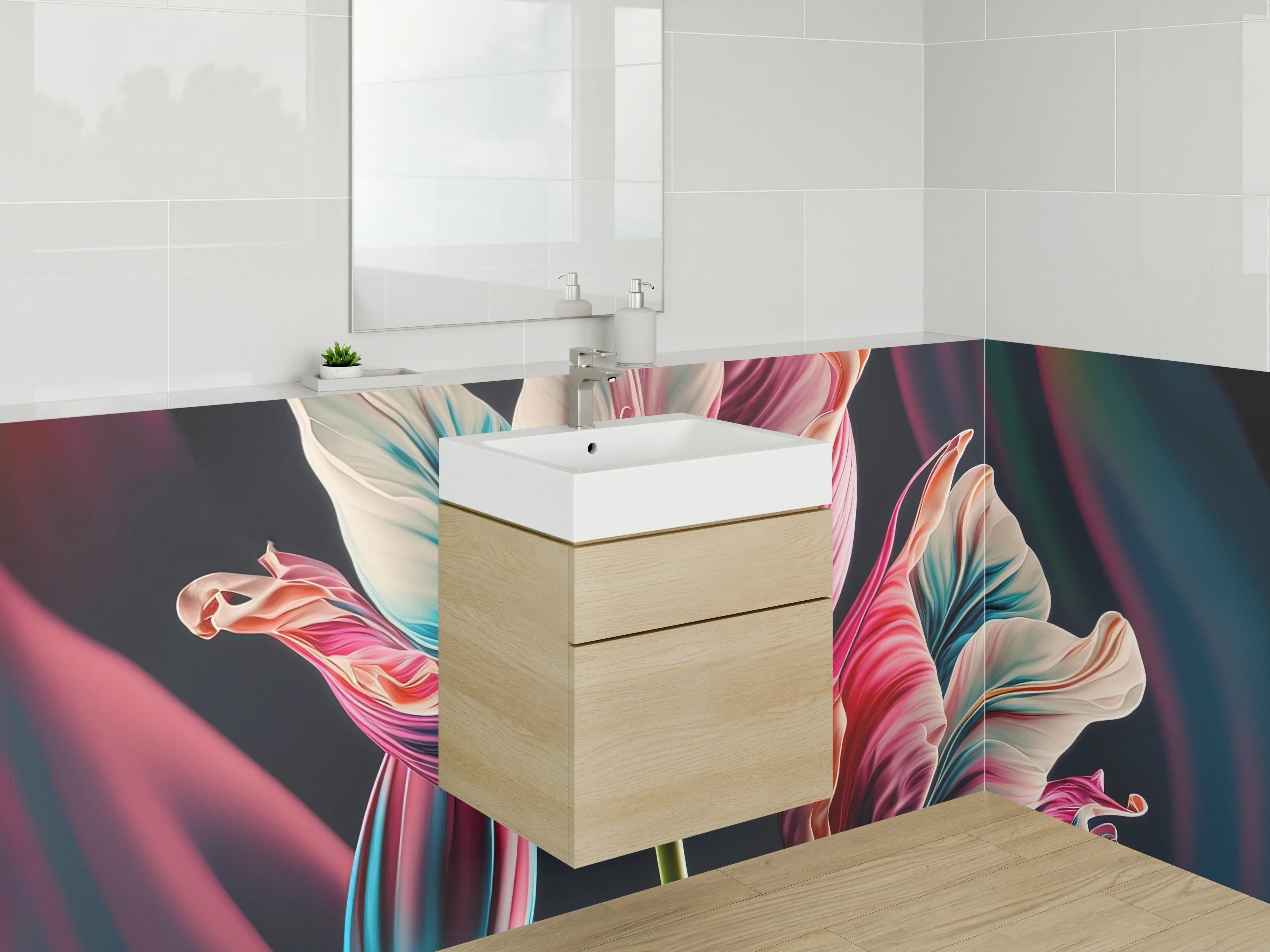 Waschbecken-Rückwand - Abstrakte bunte Tulpen-Malerei Art