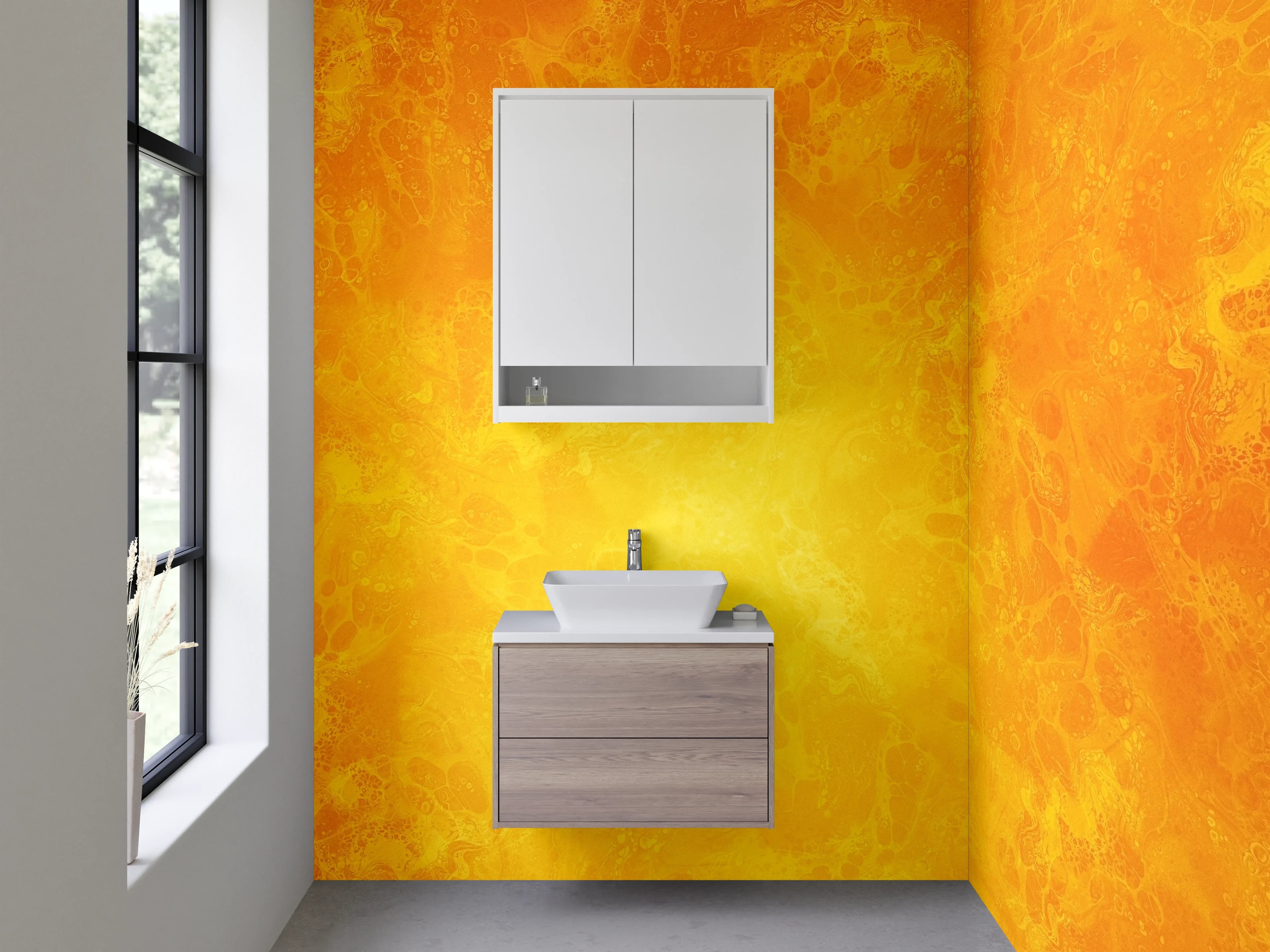 Waschbecken-Rückwand - Abstrakte gelb-orange Marmor-Optik Oberfläche