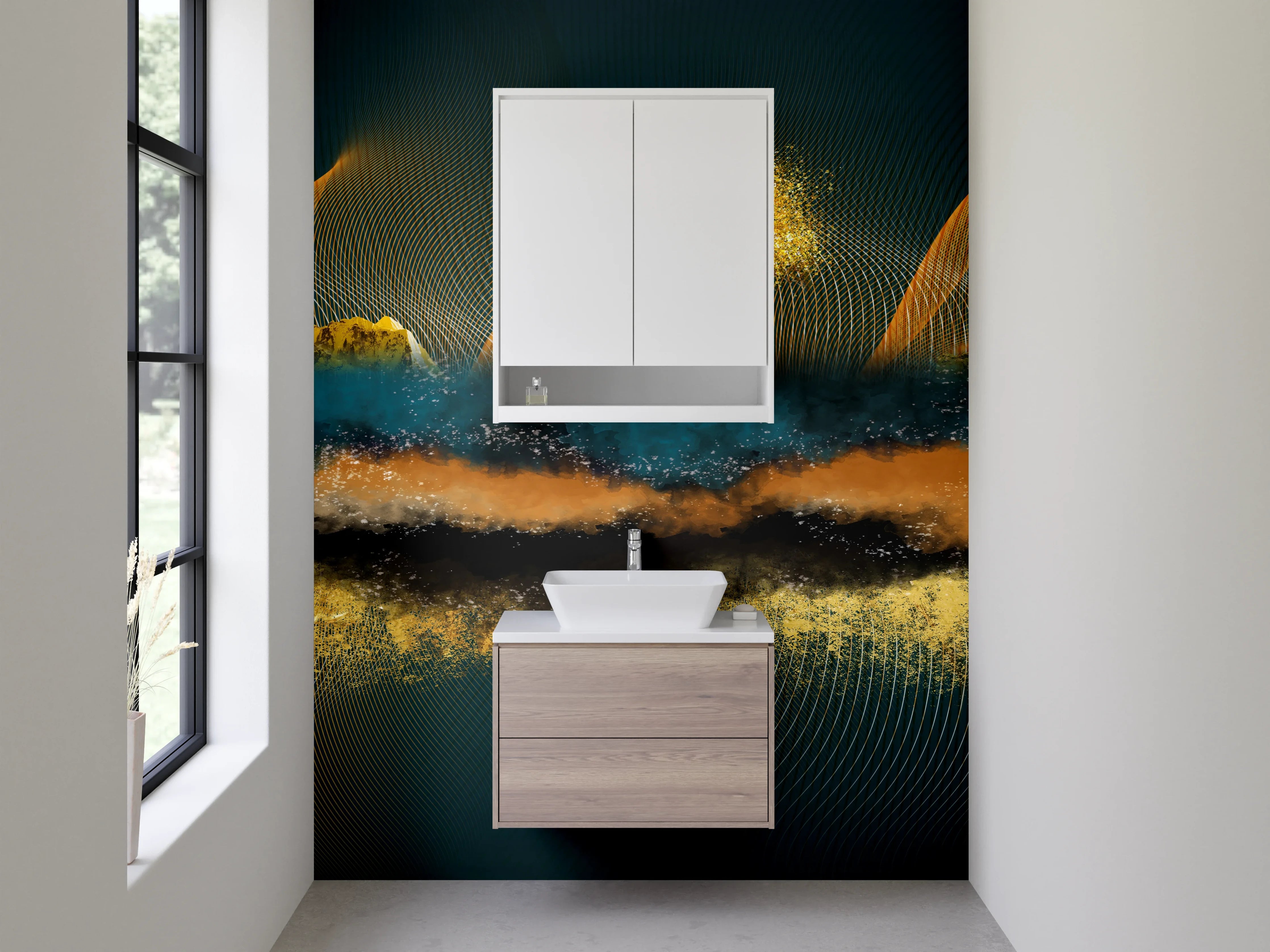 Waschbecken-Rückwand - Abstrakte goldene Berge und Baum Kunst