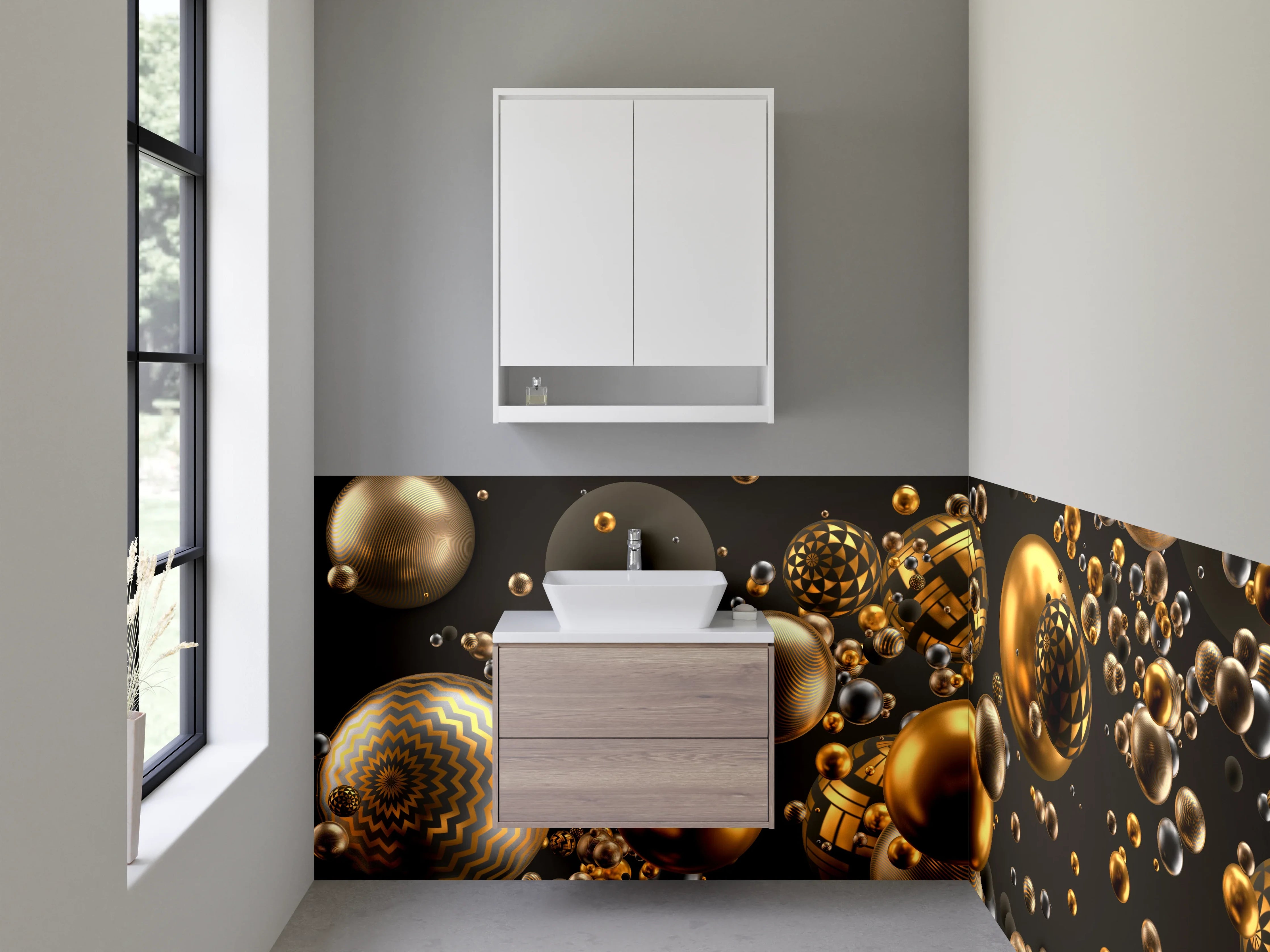 Waschbecken-Rückwand - Abstrakte goldene Kugeln Design