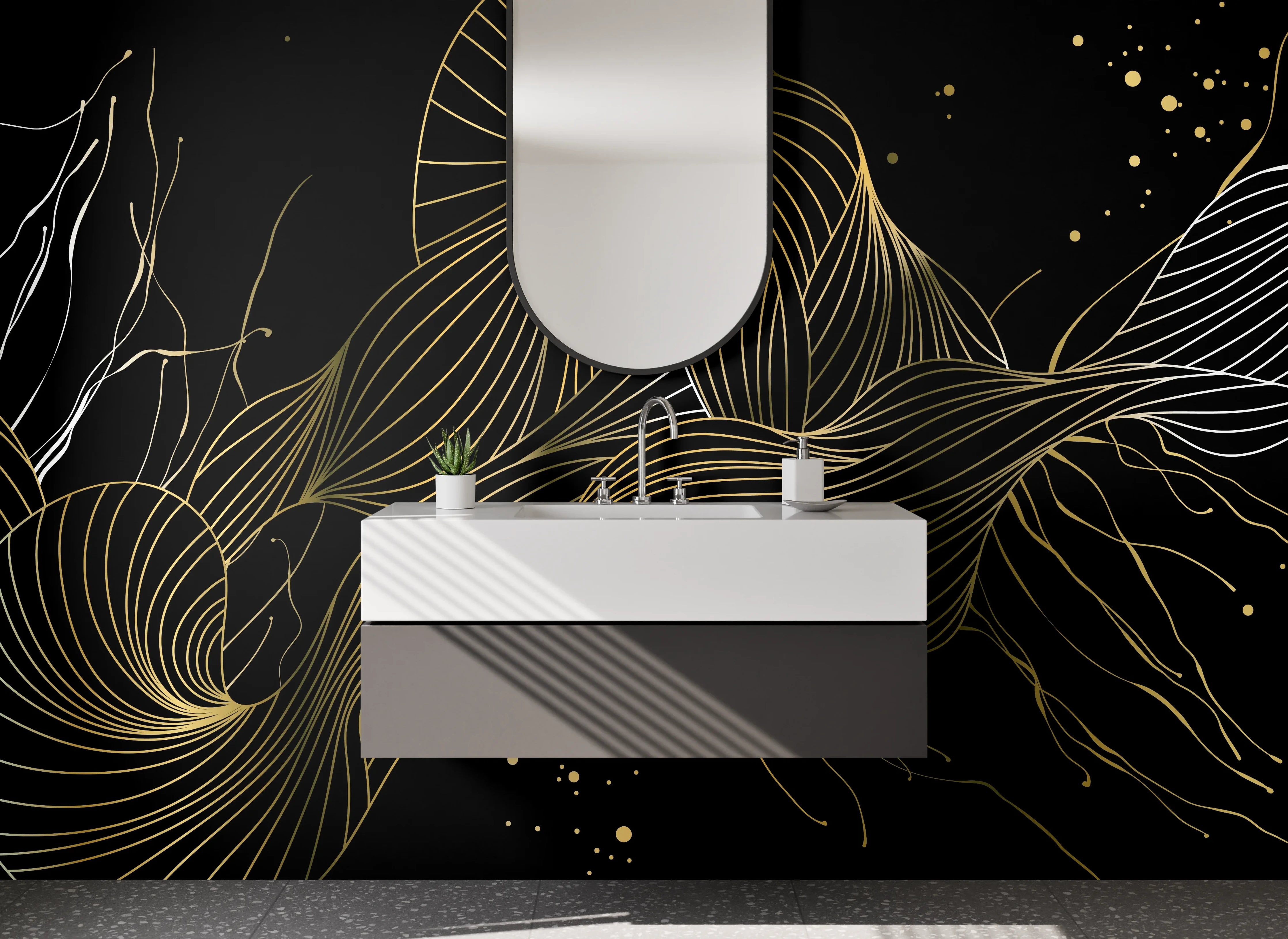 Waschbecken-Rückwand - Abstrakte goldene Lineart auf Schwarz