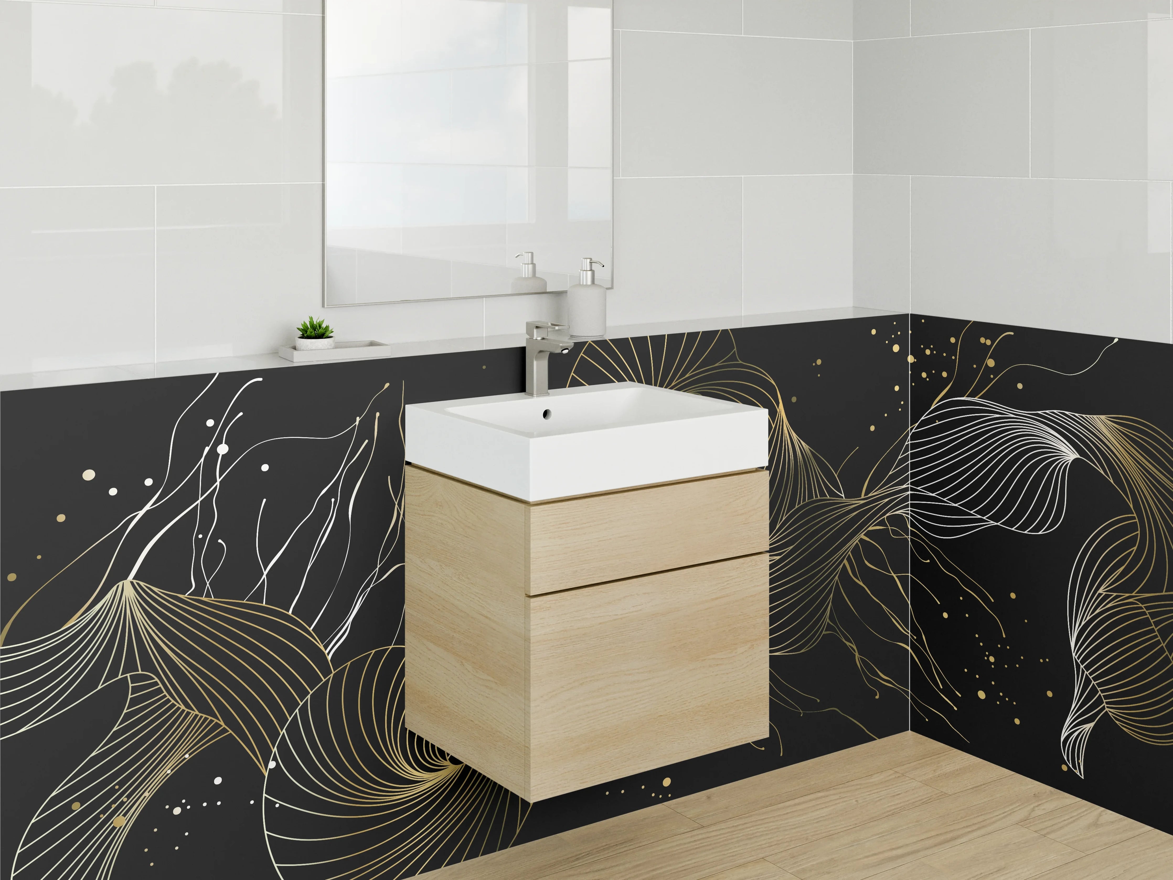 Waschbecken-Rückwand - Abstrakte goldene Lineart auf Schwarz