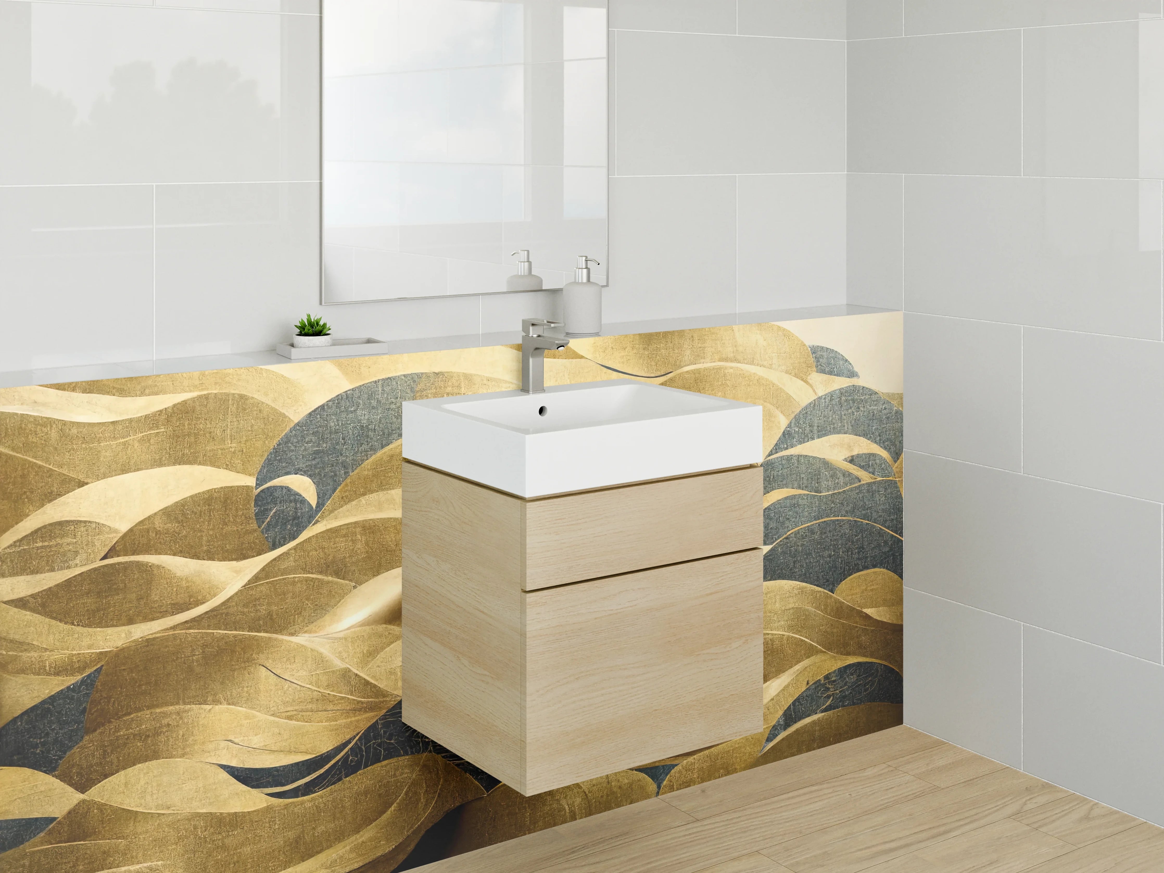 Waschbecken-Rückwand - Abstrakte goldene Wellen Wandbild
