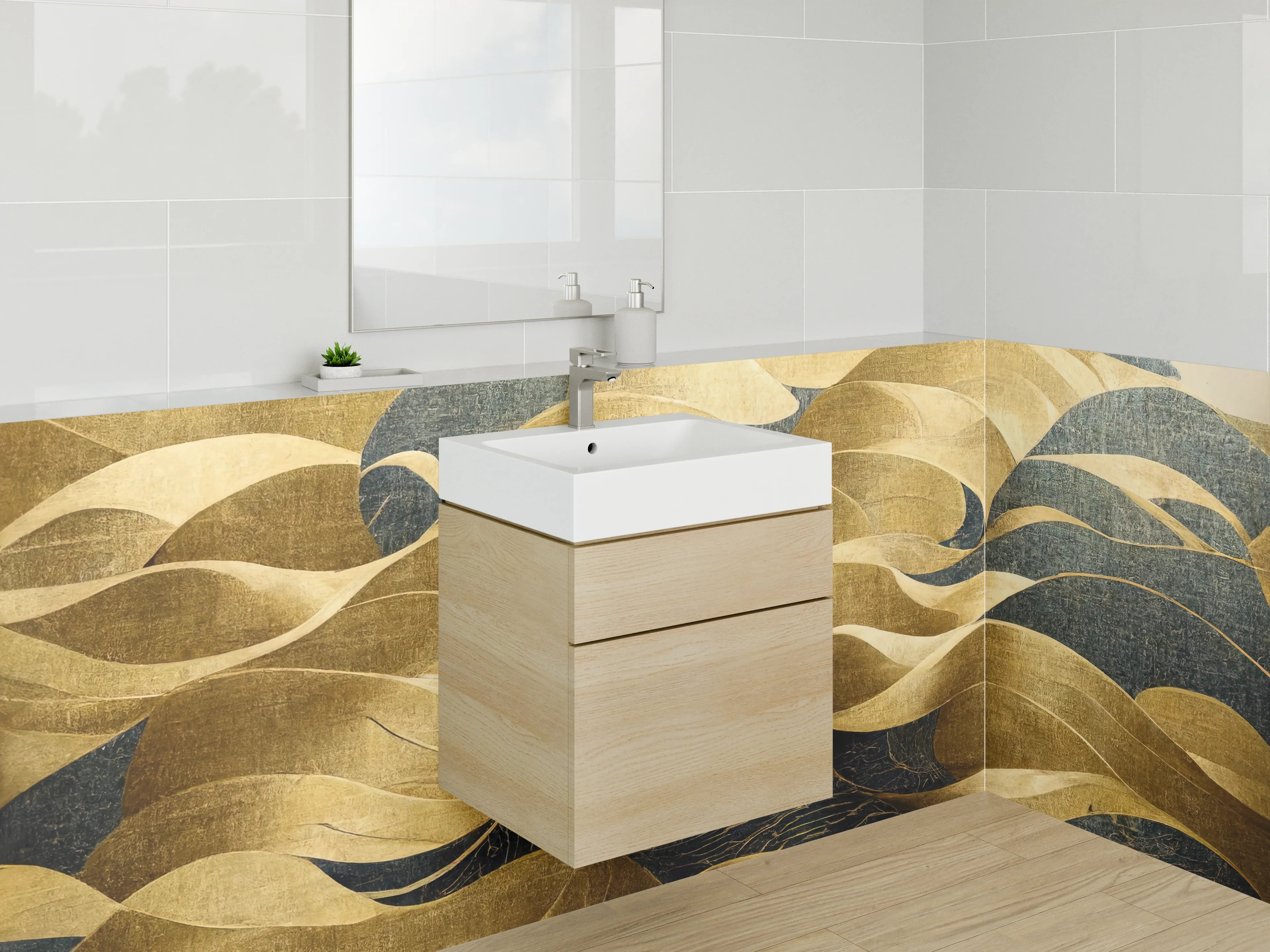 Waschbecken-Rückwand - Abstrakte goldene Wellen Wandbild