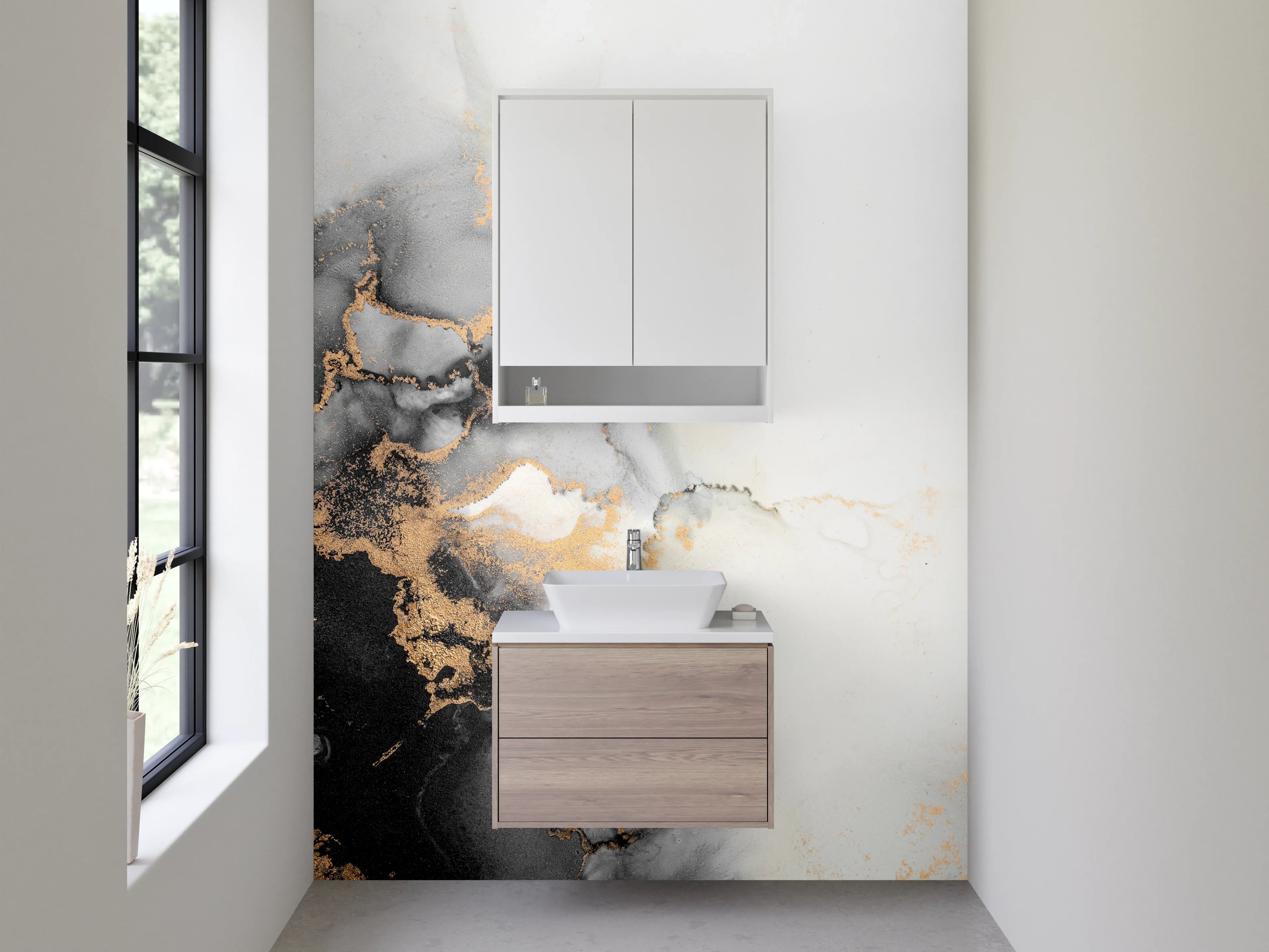 Waschbecken-Rückwand - Abstrakte schwarze Marmor-Optik mit Gold