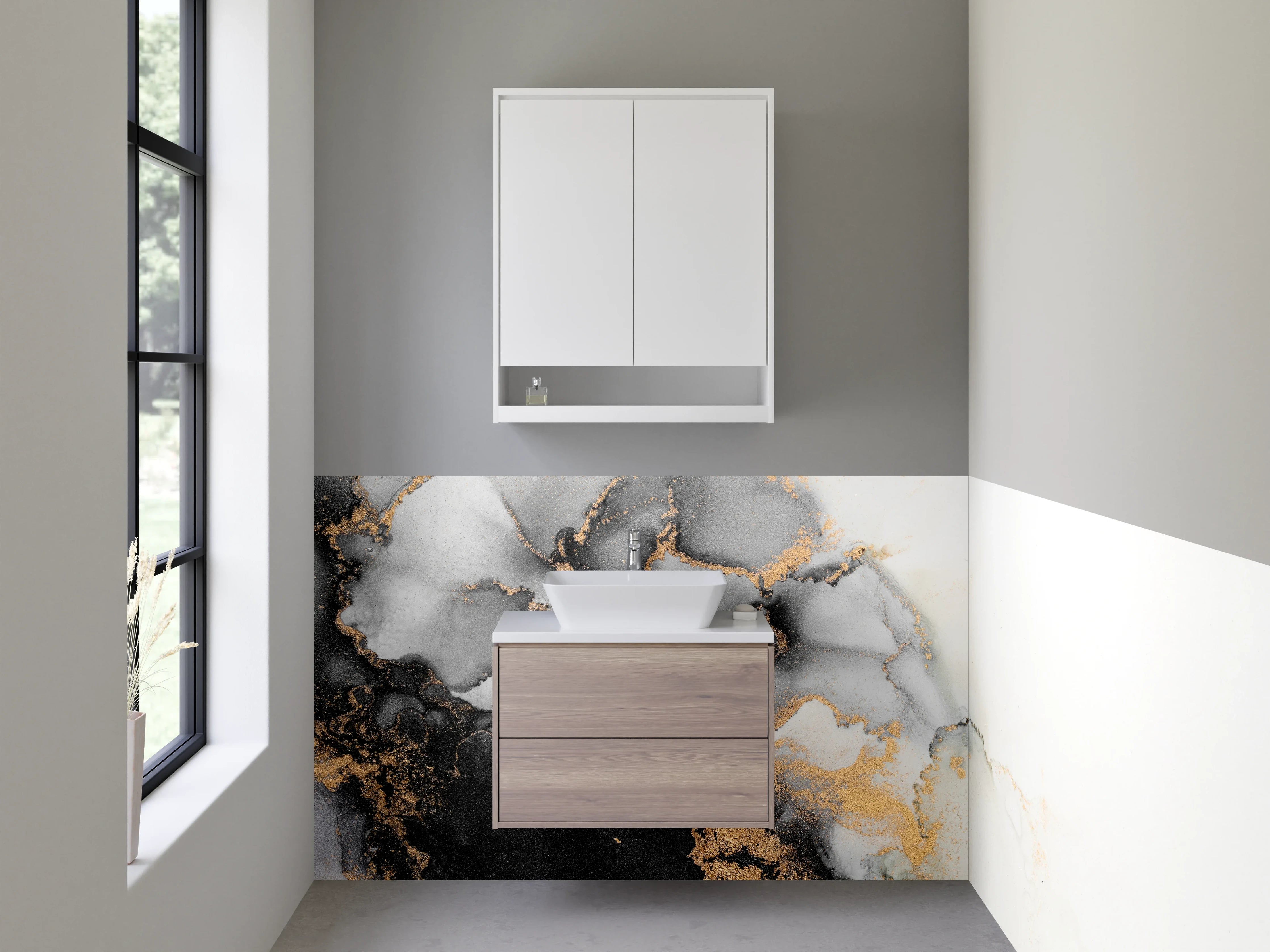 Waschbecken-Rückwand - Abstrakte schwarze Marmor-Optik mit Gold