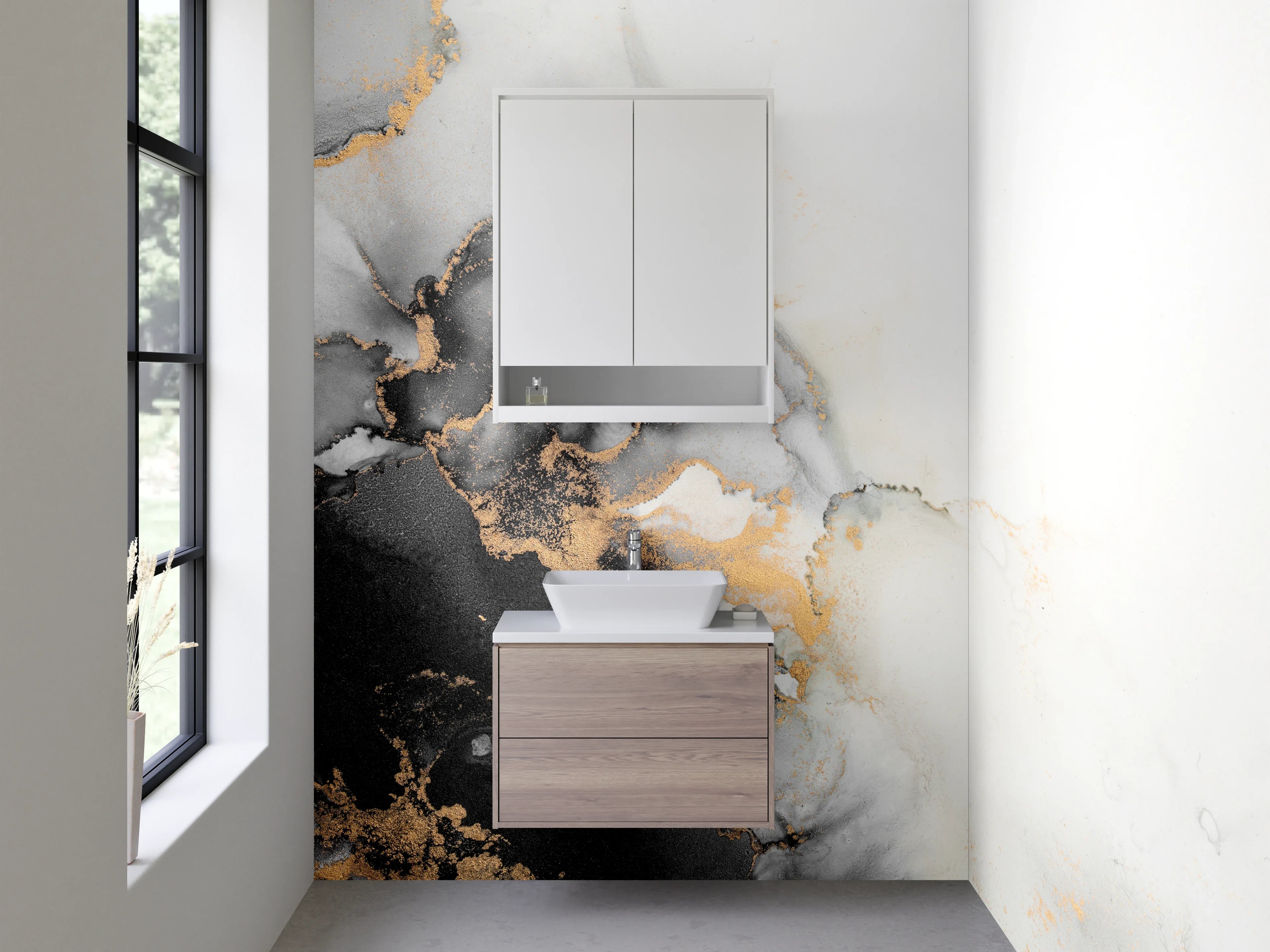 Waschbecken-Rückwand - Abstrakte schwarze Marmor-Optik mit Gold