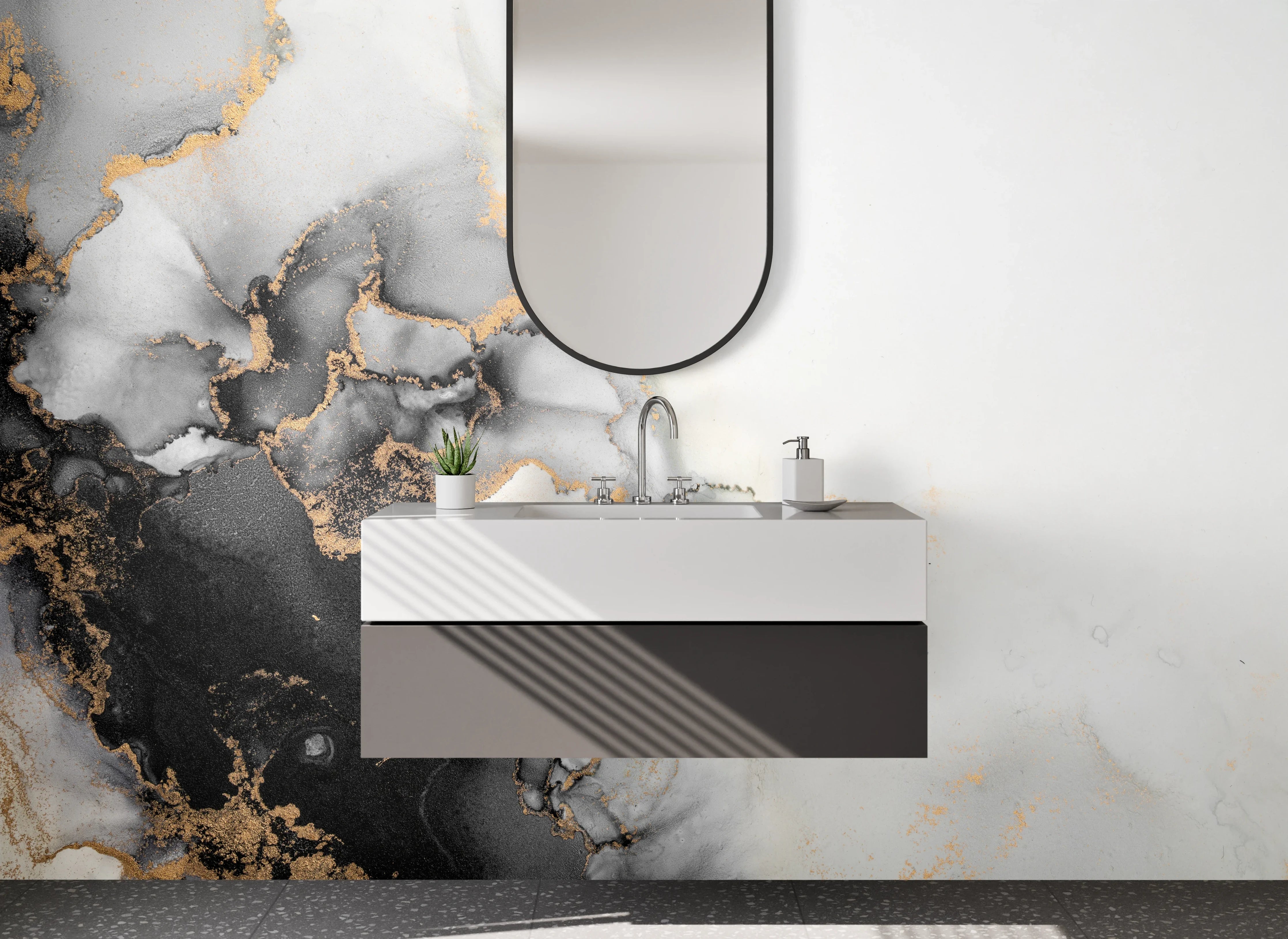 Waschbecken-Rückwand - Abstrakte schwarze Marmor-Optik mit Gold