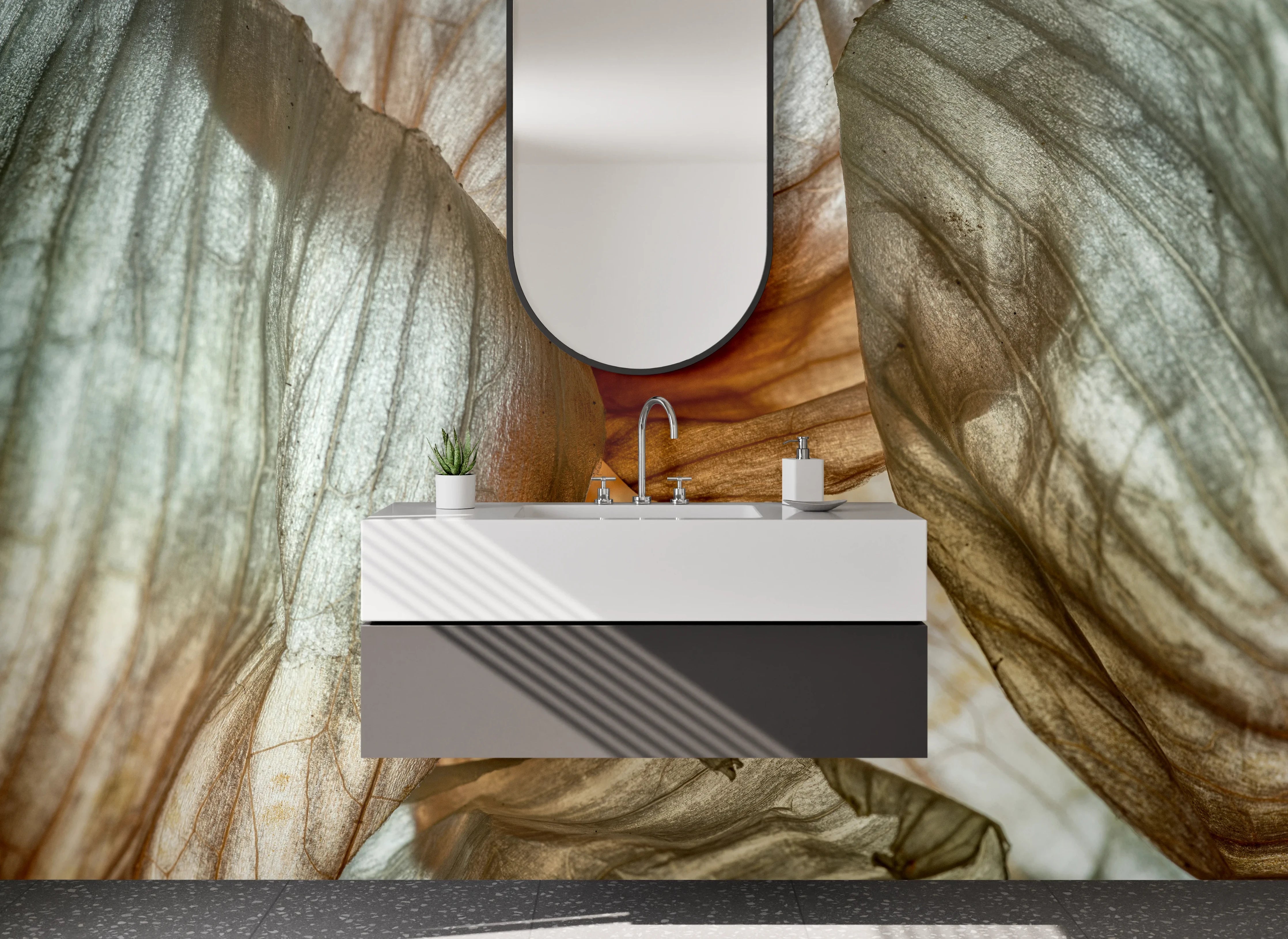 Waschbecken-Rückwand - Abstrakte, organische Struktur Weiß-Beige