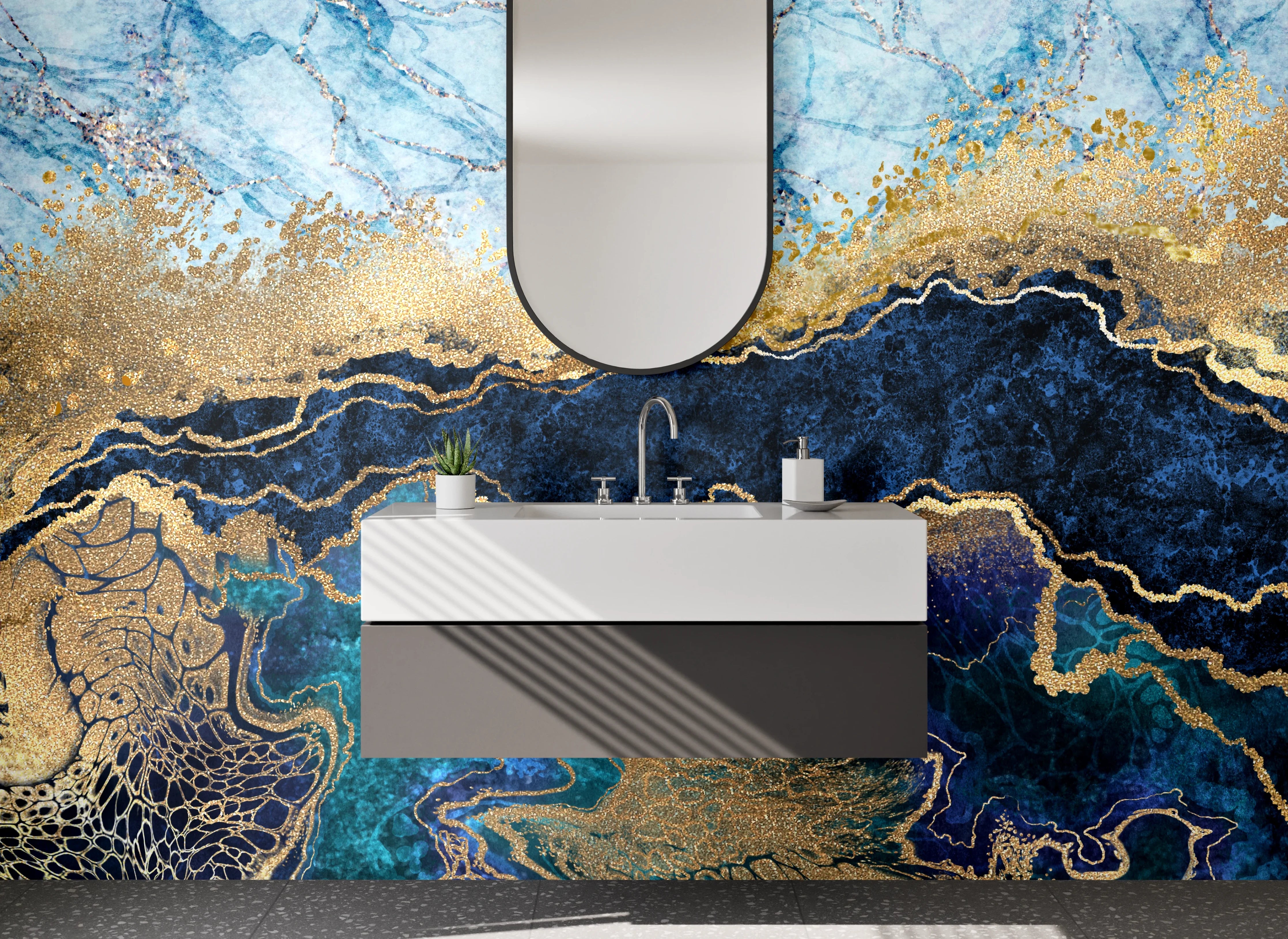 Waschbecken-Rückwand - Abstrakter Marmor mit Goldakzenten