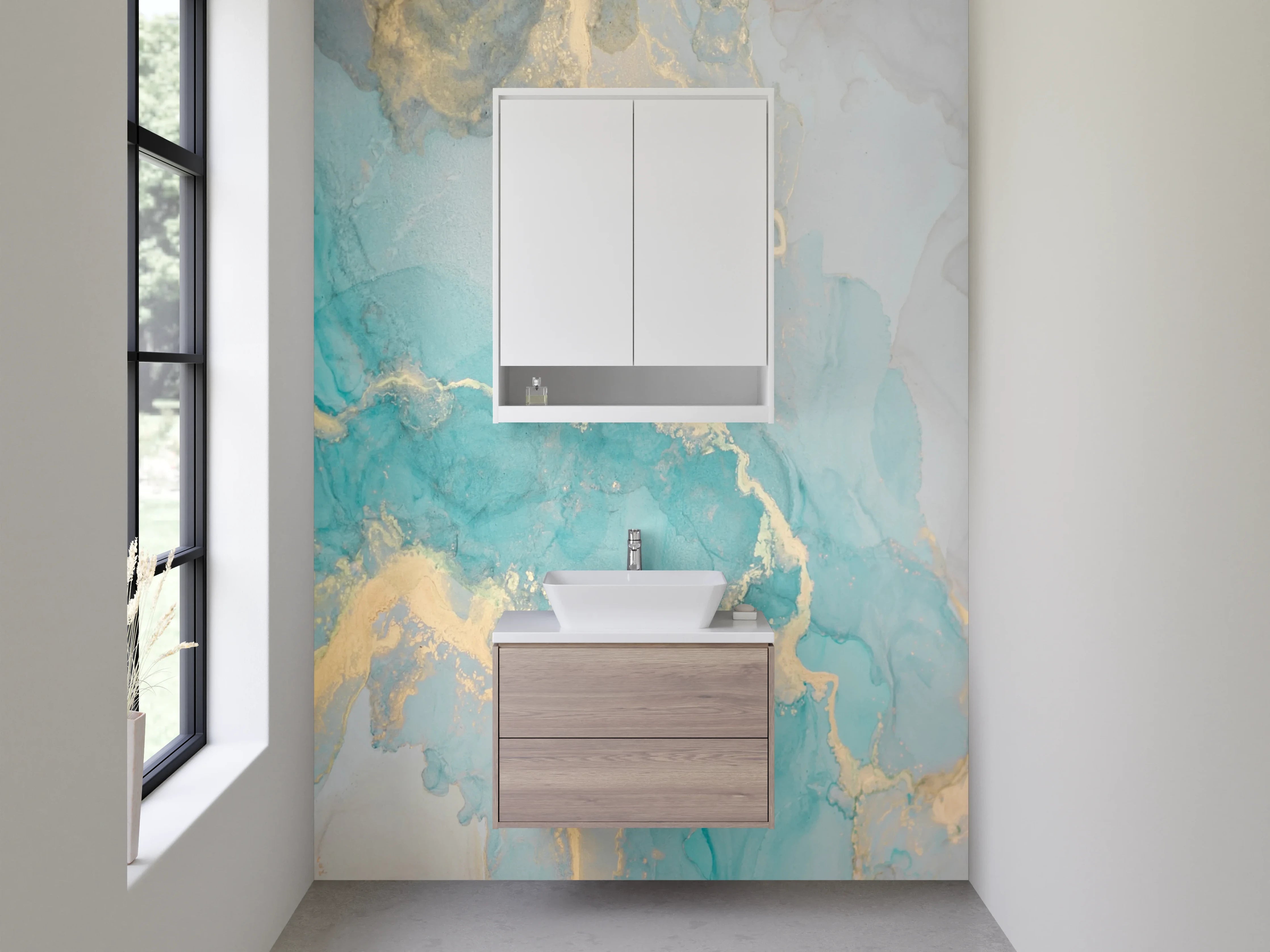 Waschbecken-Rückwand - Abstraktes Aquarell in Türkis und Gold