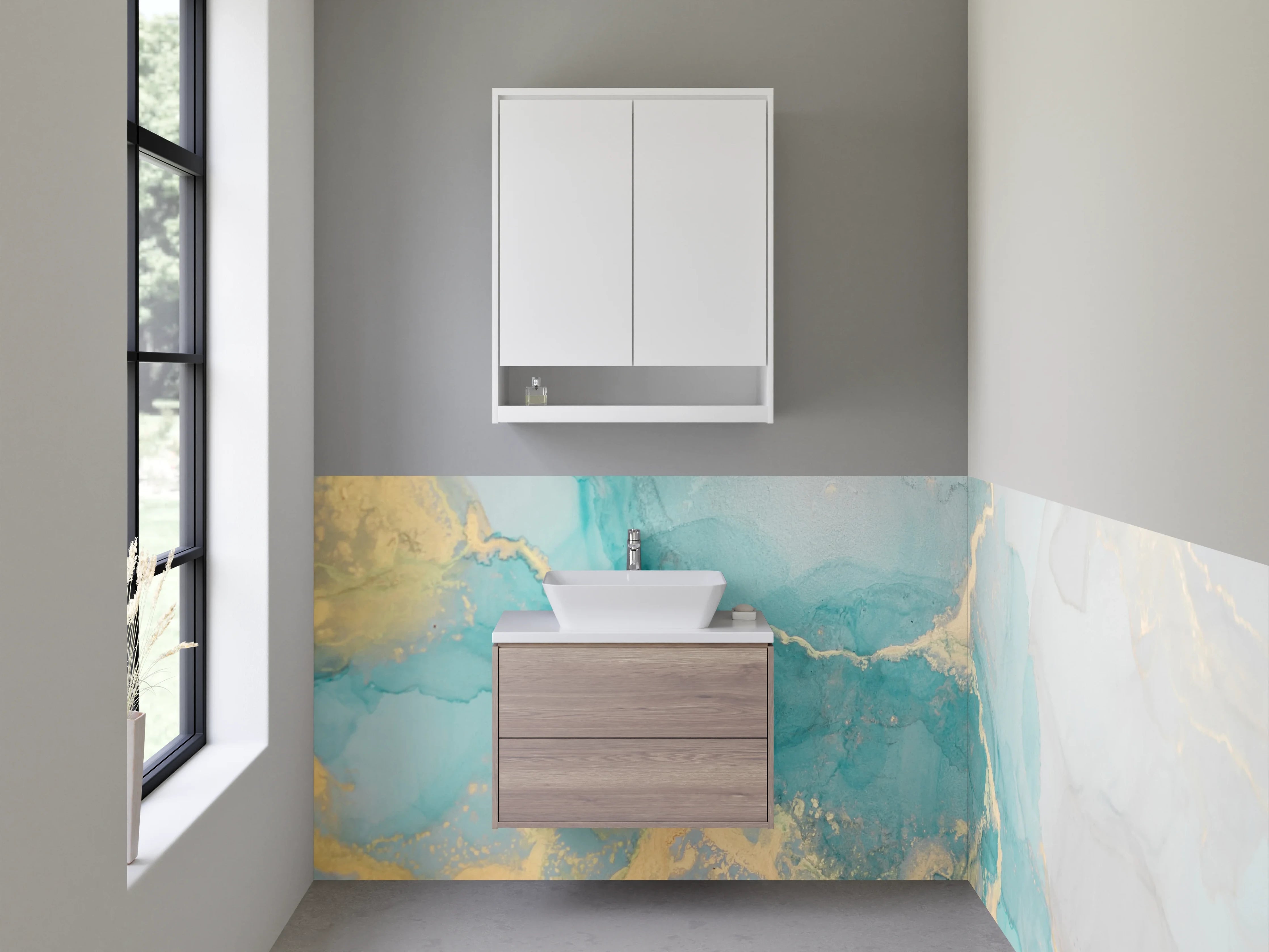 Waschbecken-Rückwand - Abstraktes Aquarell in Türkis und Gold