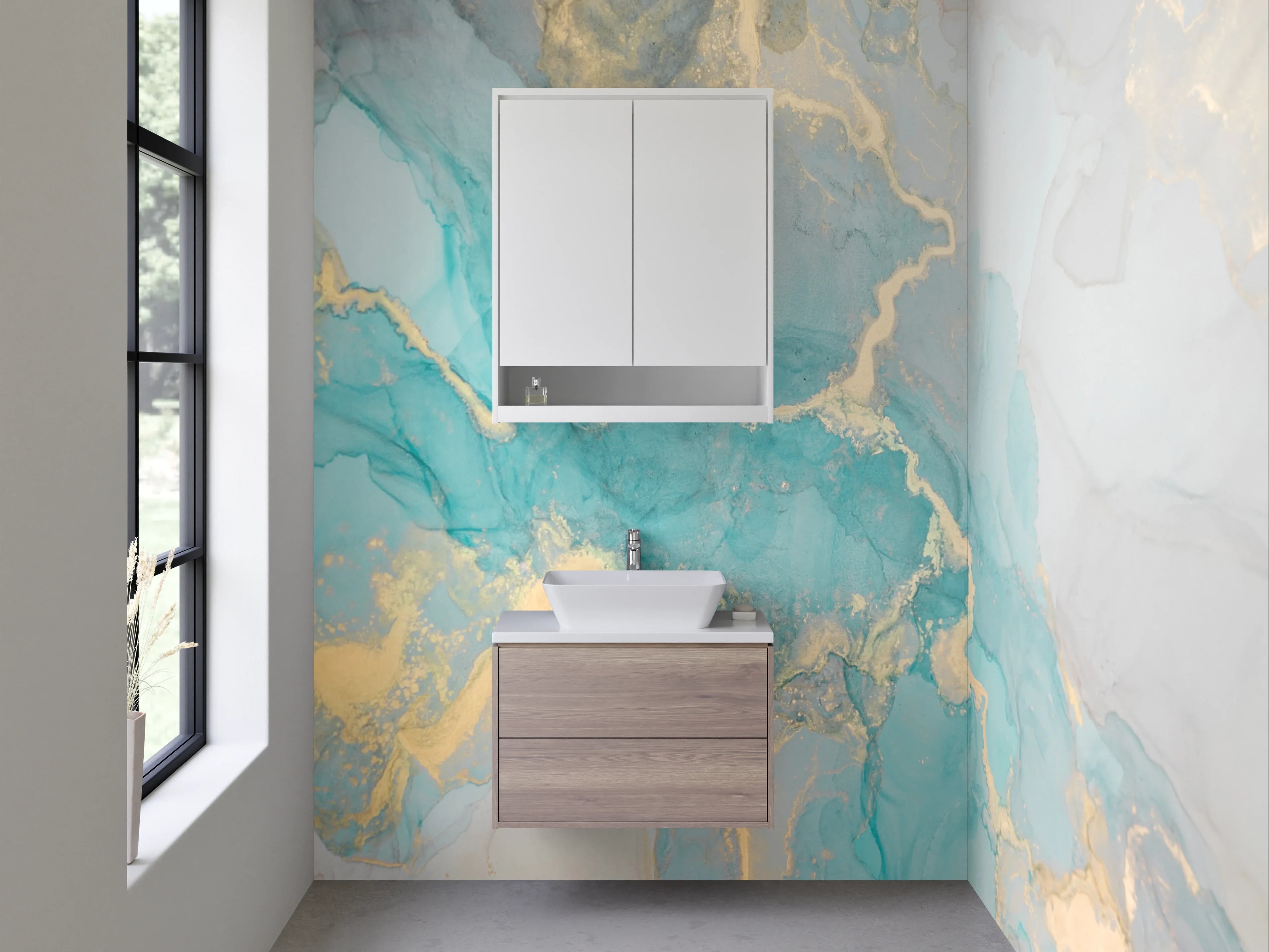 Waschbecken-Rückwand - Abstraktes Aquarell in Türkis und Gold