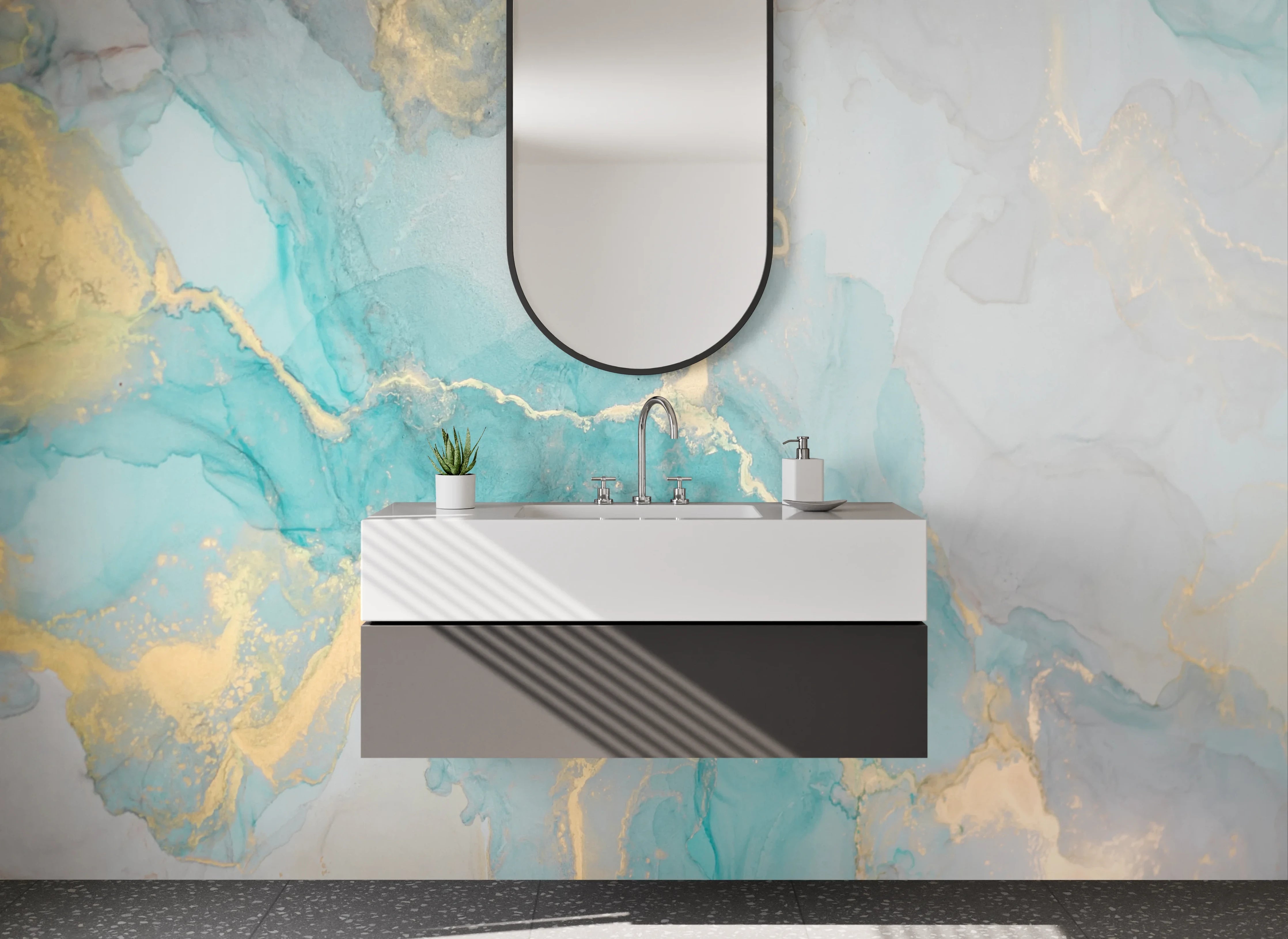 Waschbecken-Rückwand - Abstraktes Aquarell in Türkis und Gold