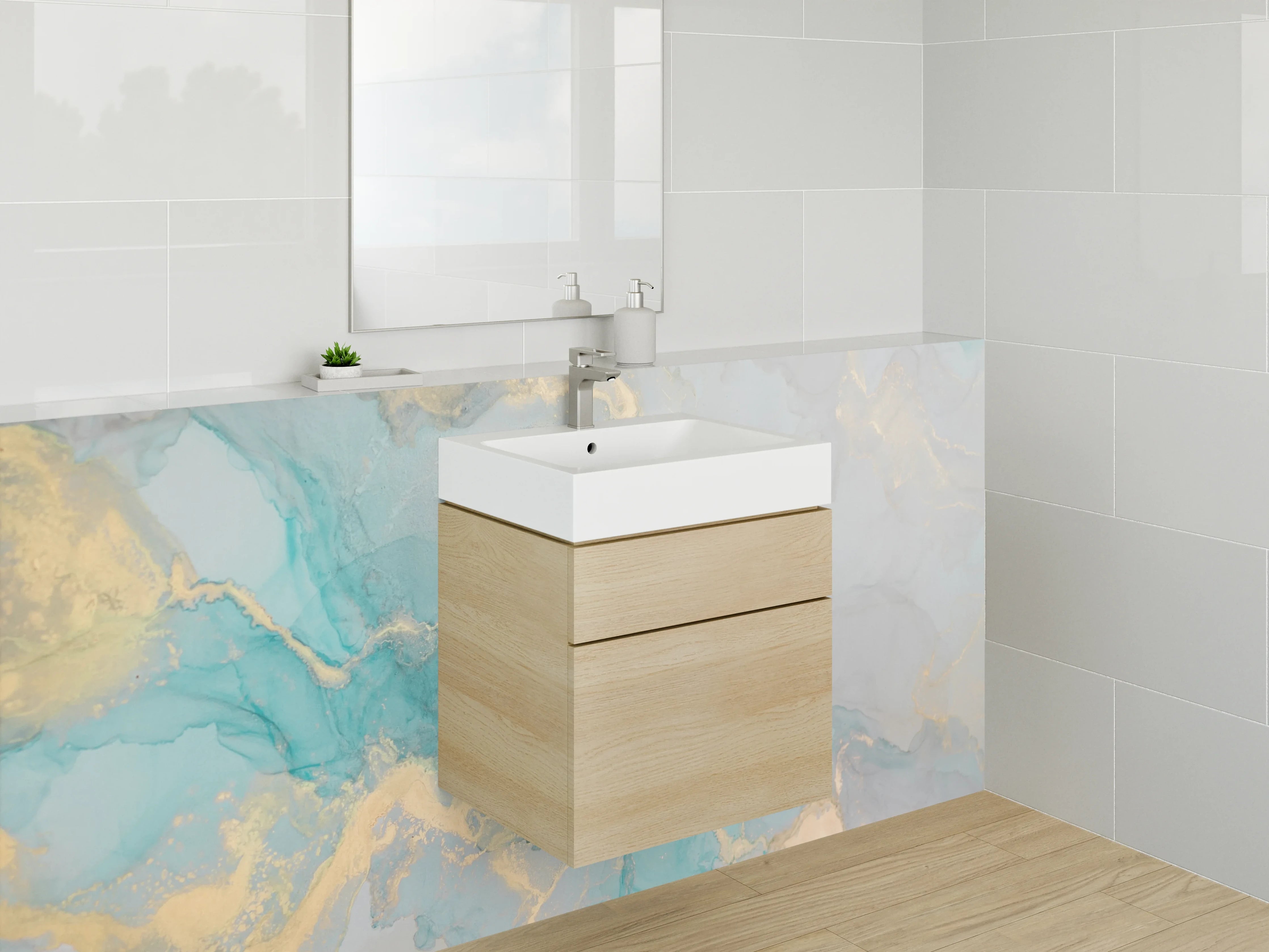 Waschbecken-Rückwand - Abstraktes Aquarell in Türkis und Gold