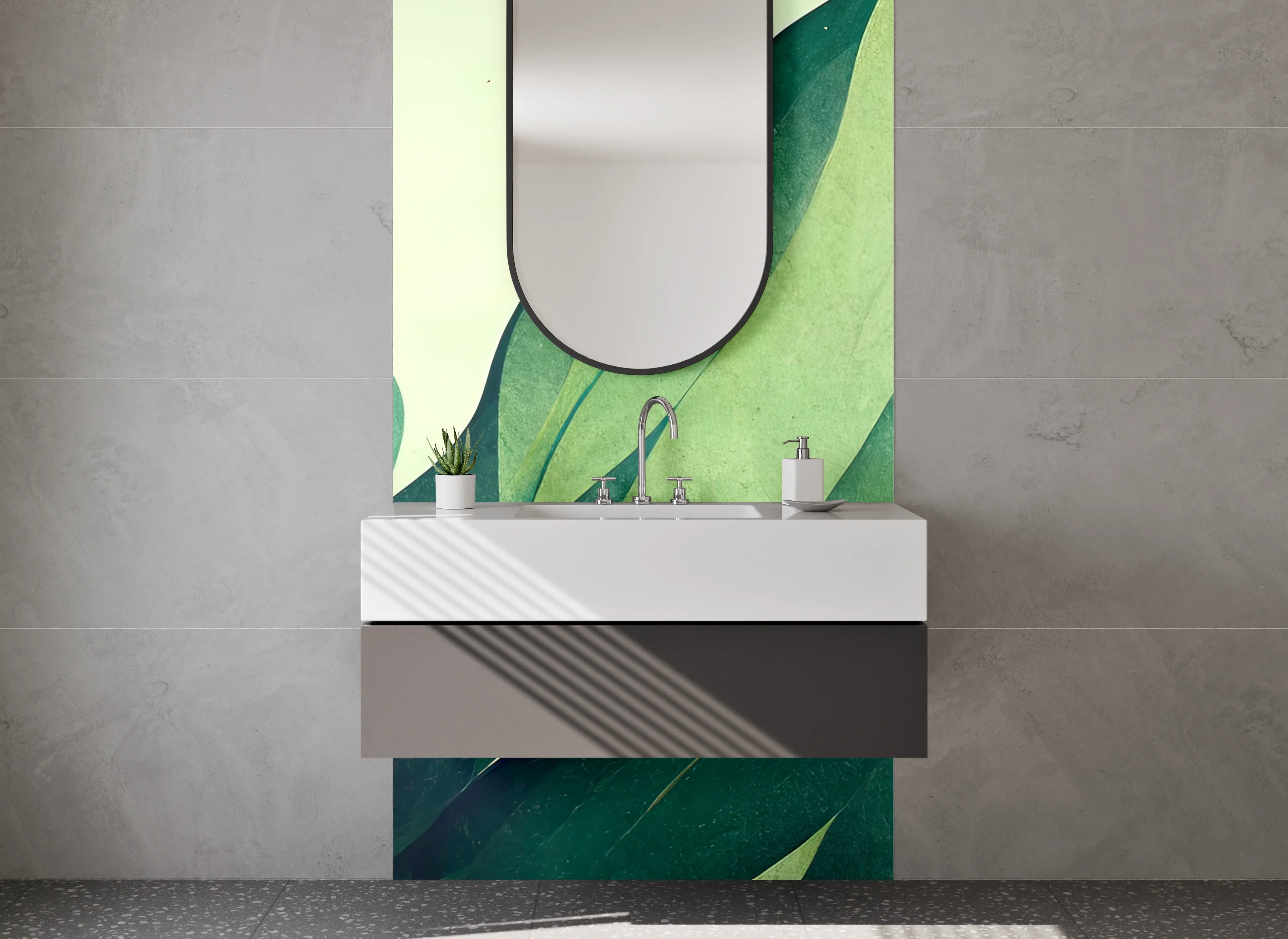 Waschbecken-Rückwand - Abstraktes Blätter-Design in Grüntönen
