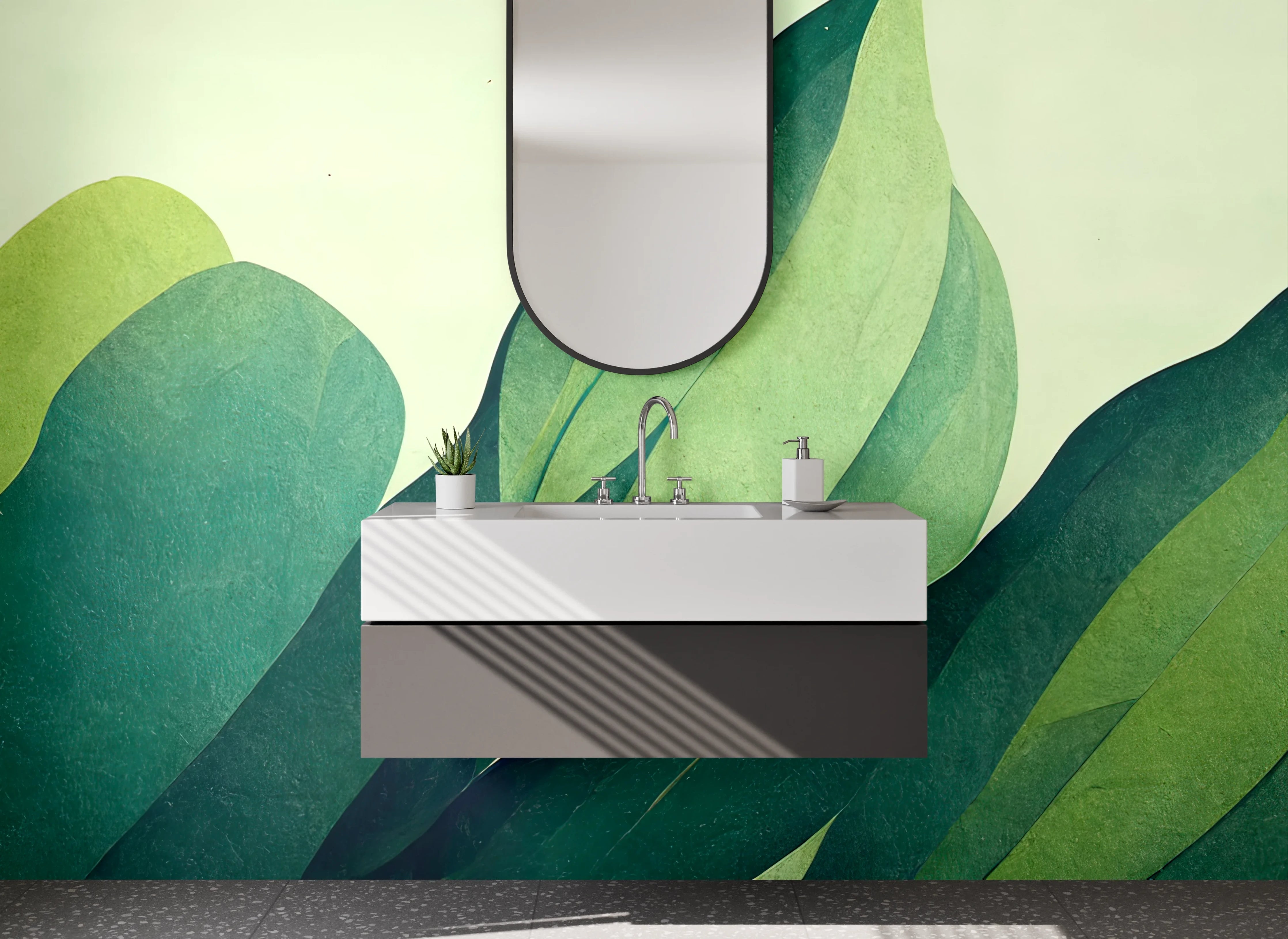 Waschbecken-Rückwand - Abstraktes Blätter-Design in Grüntönen