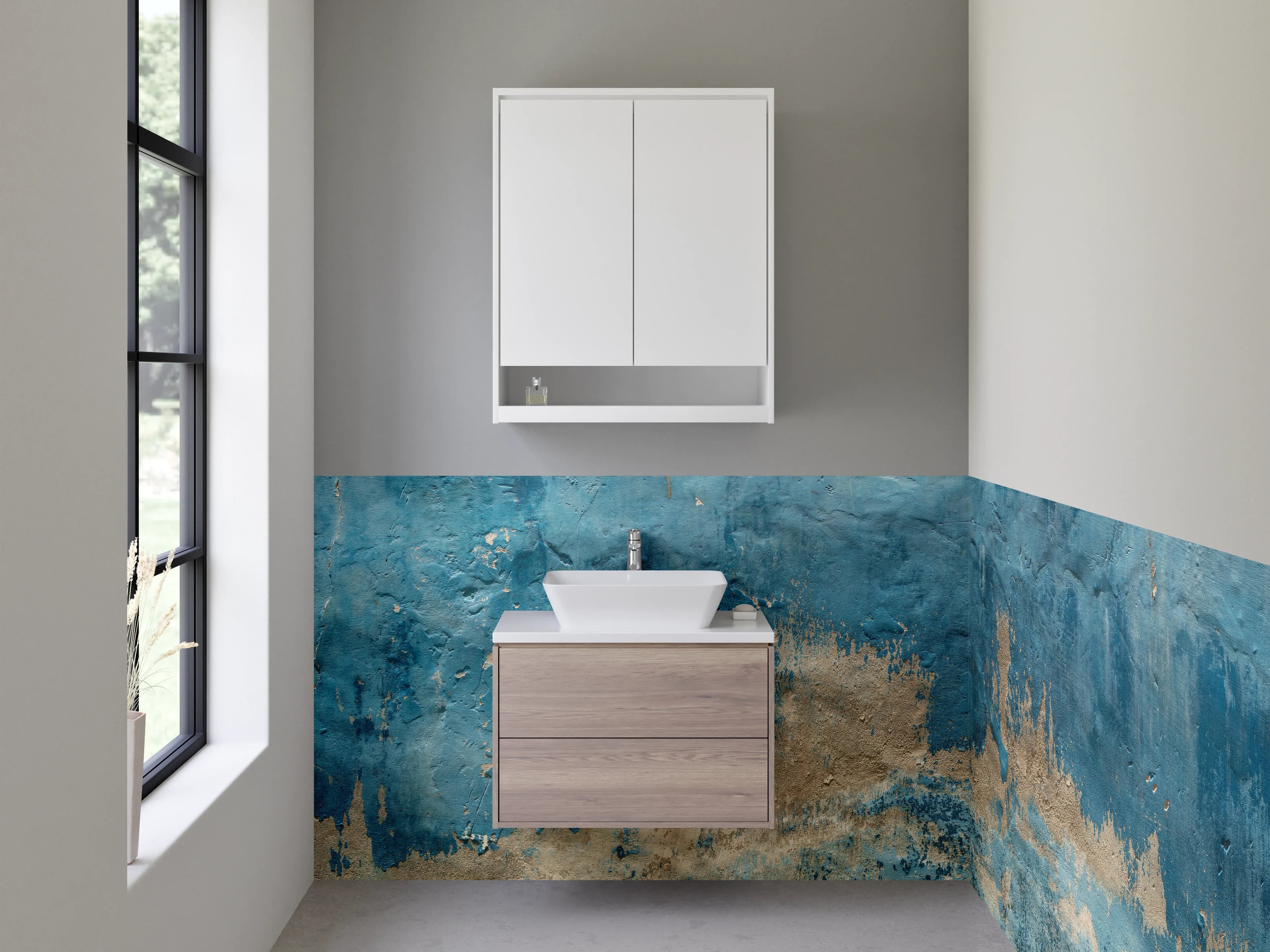 Waschbecken-Rückwand - Abstraktes Blau-Beige Kunstwerk