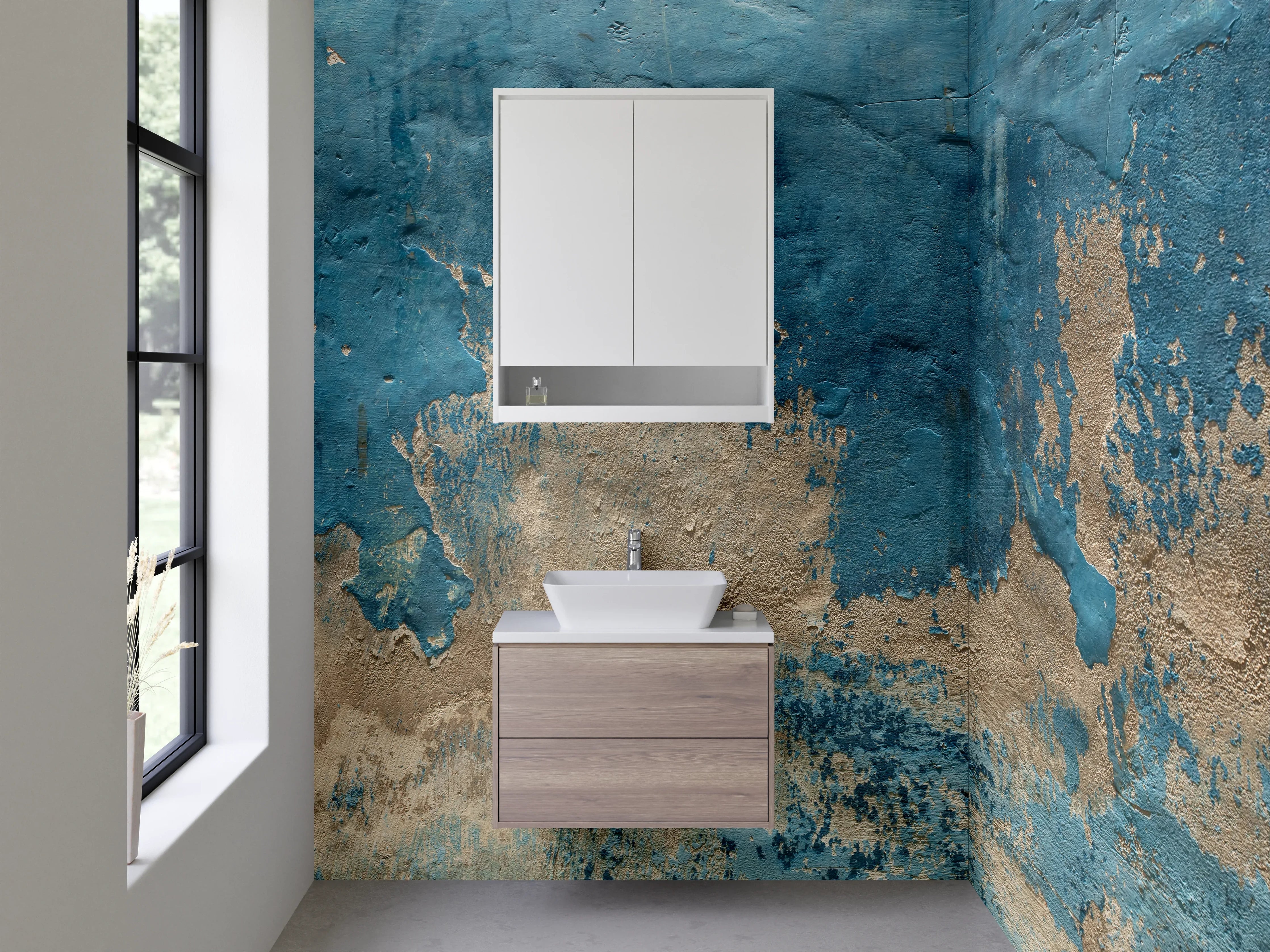 Waschbecken-Rückwand - Abstraktes Blau-Beige Kunstwerk