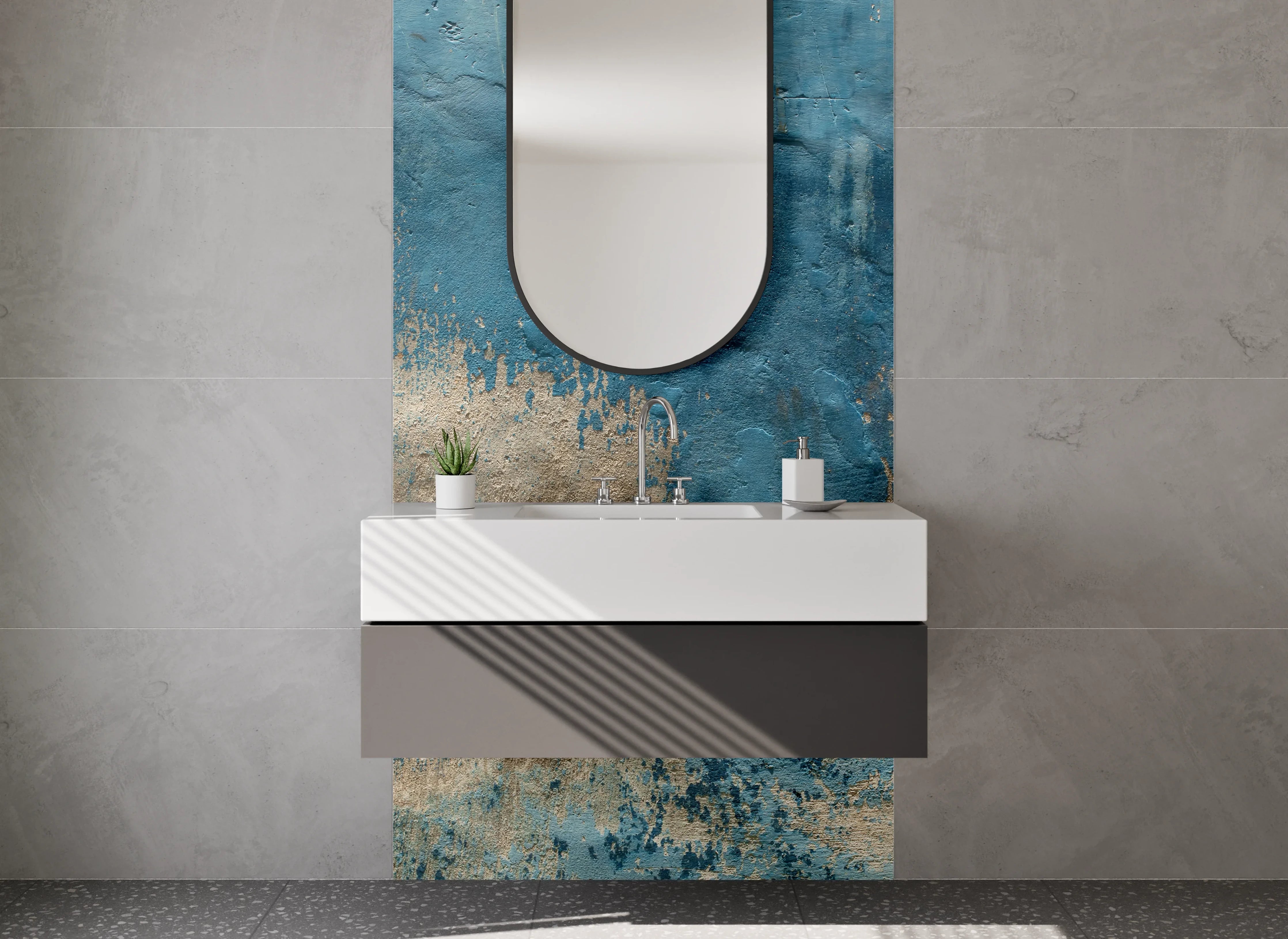 Waschbecken-Rückwand - Abstraktes Blau-Beige Kunstwerk