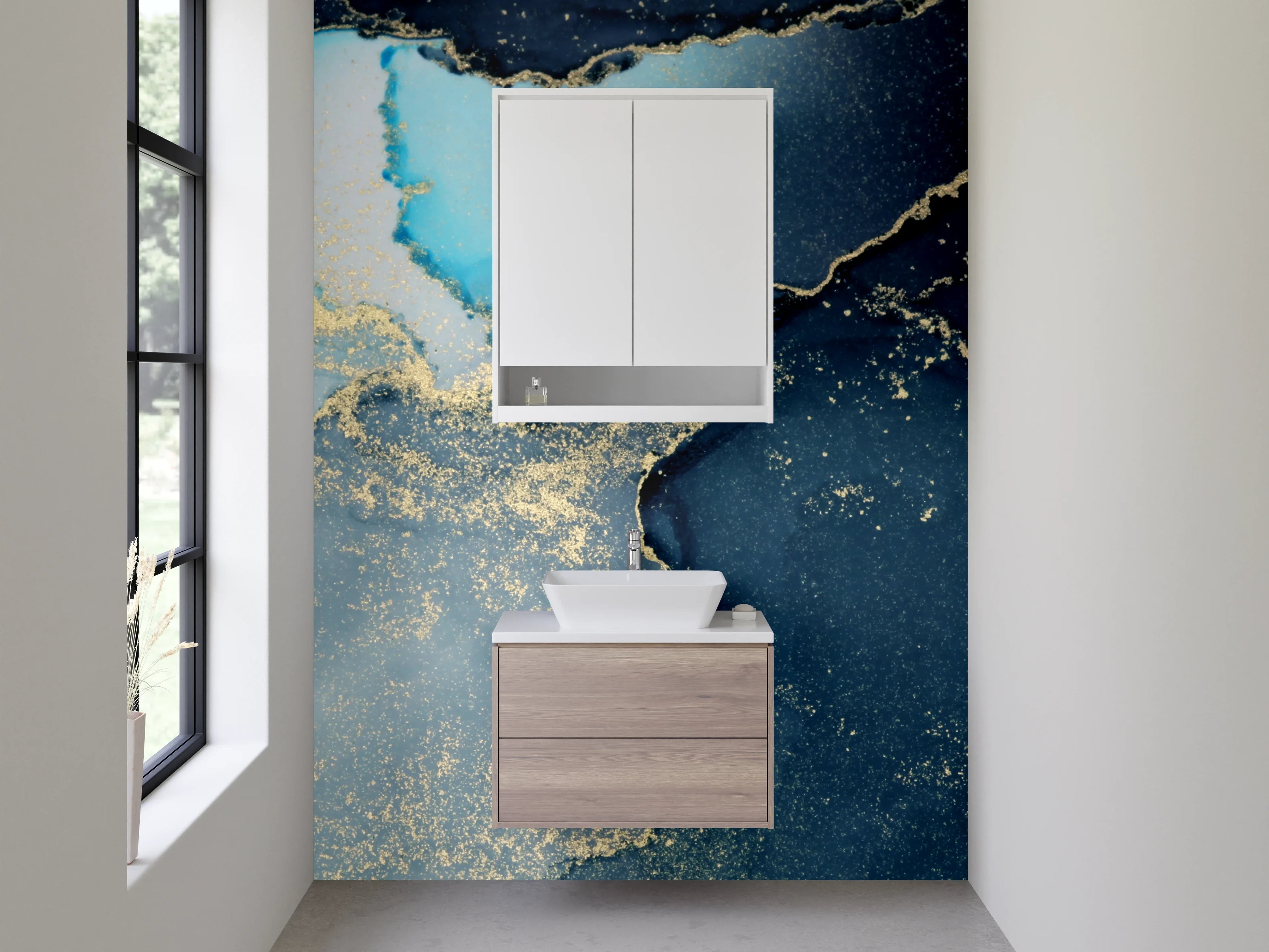 Waschbecken-Rückwand - Abstraktes Blau Gold Aquarell-Design