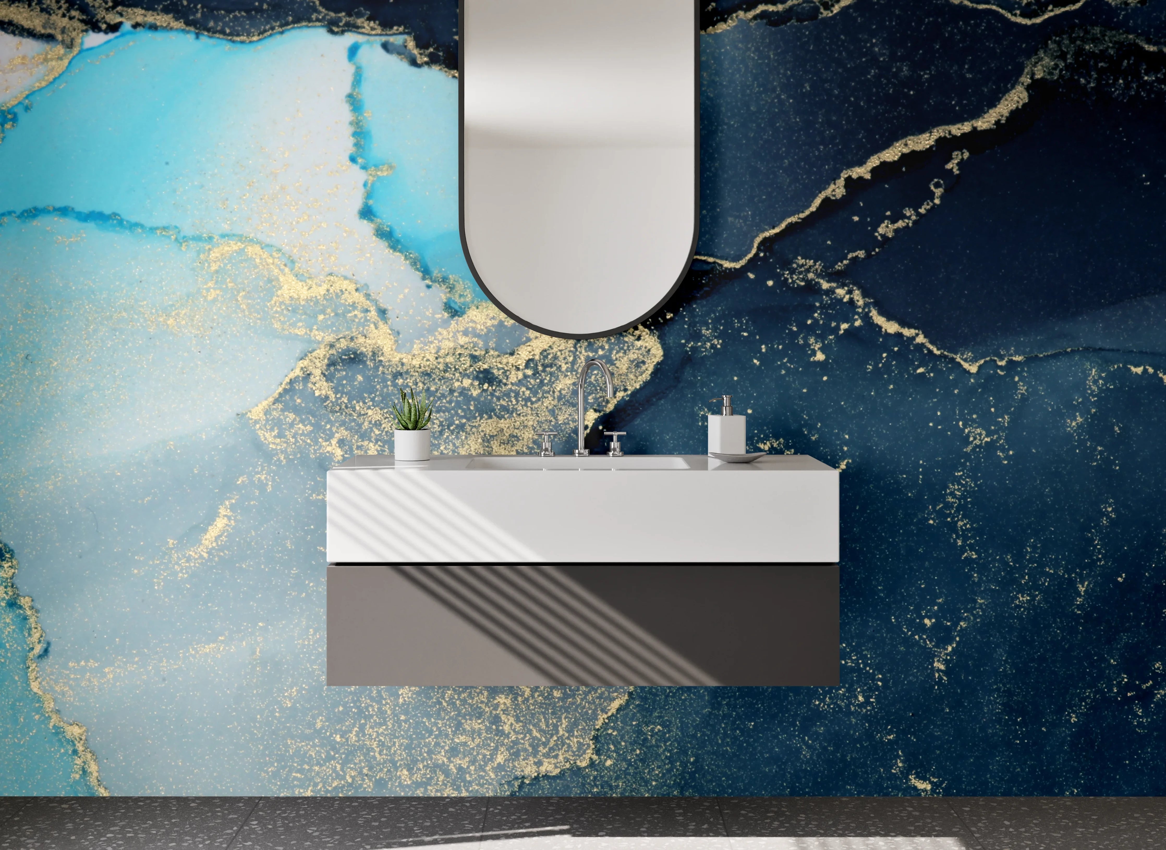 Waschbecken-Rückwand - Abstraktes Blau Gold Aquarell-Design