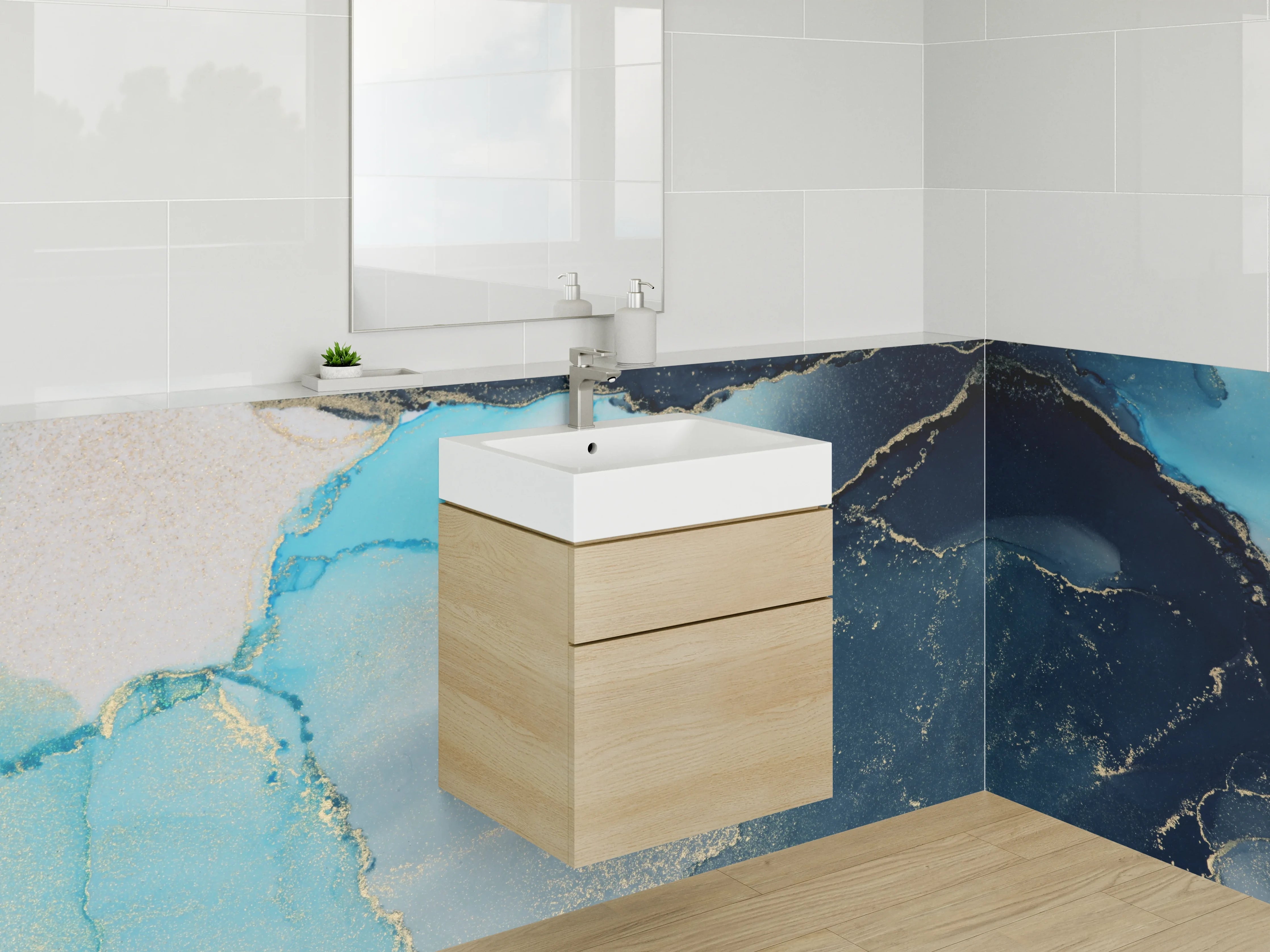 Waschbecken-Rückwand - Abstraktes Blau Gold Aquarell-Design