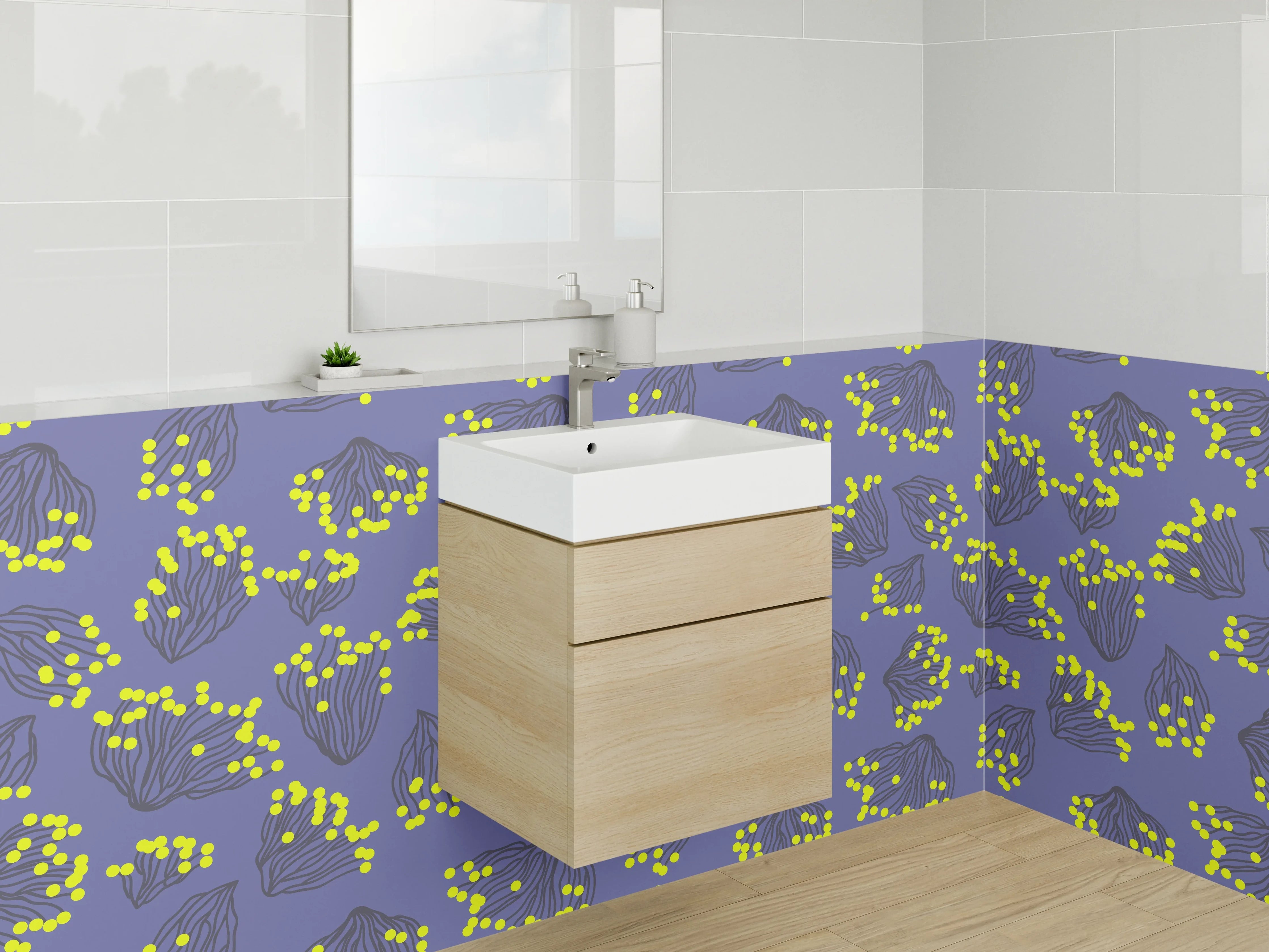 Waschbecken-Rückwand - Abstraktes Blumenmuster in Blau und Gelb