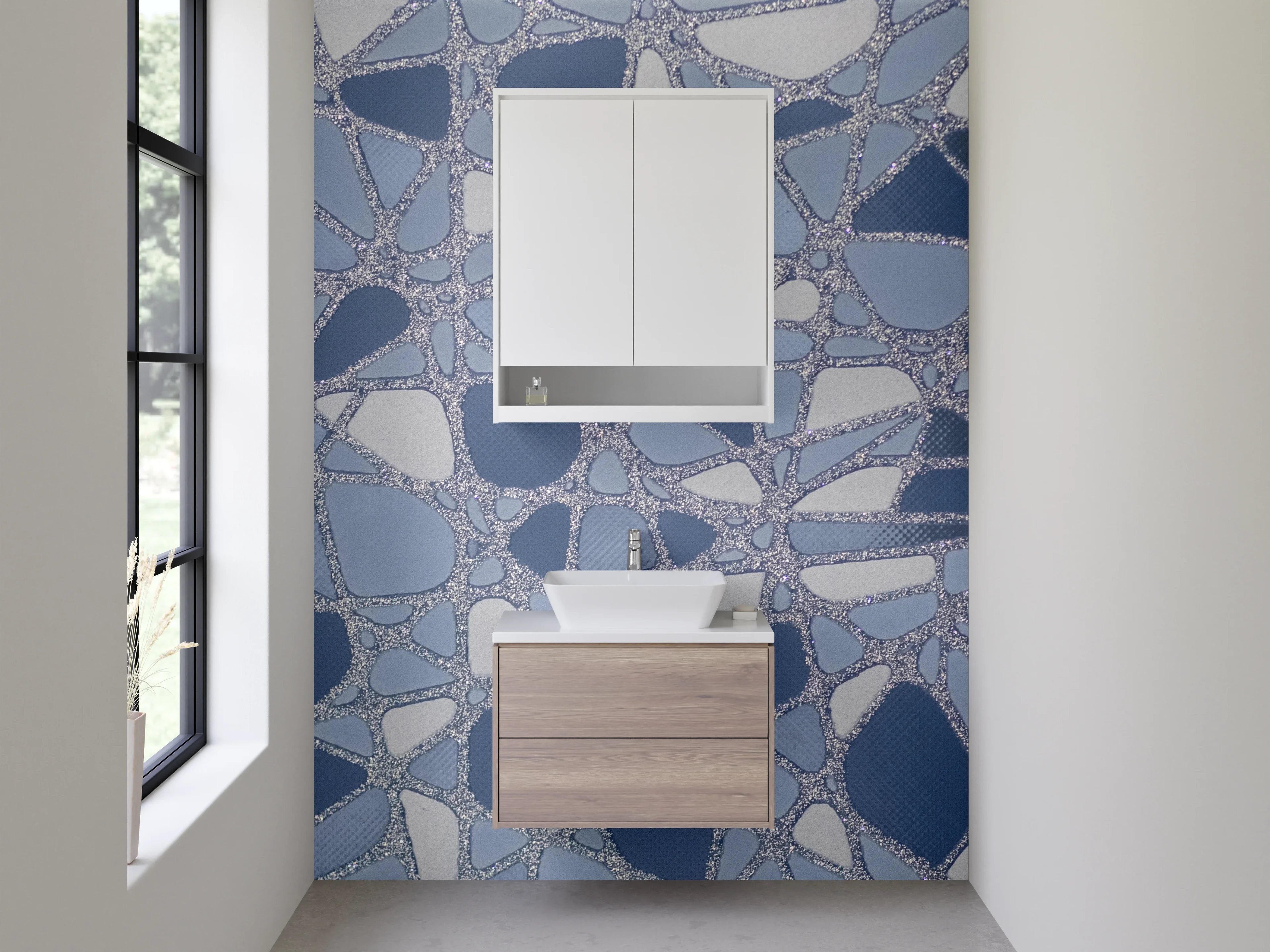 Waschbecken-Rückwand - Abstraktes Fliesen-Mosaik in Blautönen