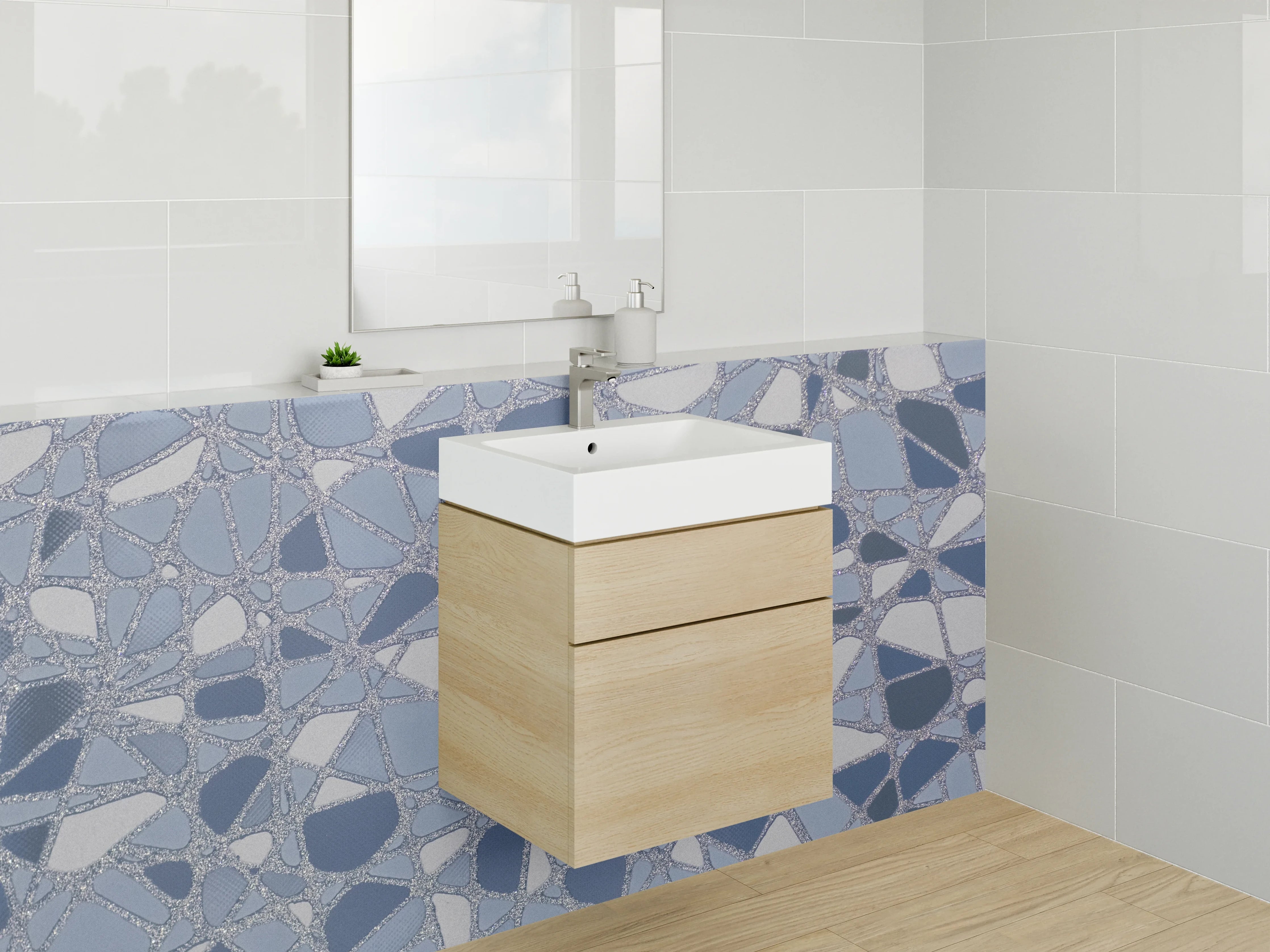 Waschbecken-Rückwand - Abstraktes Fliesen-Mosaik in Blautönen