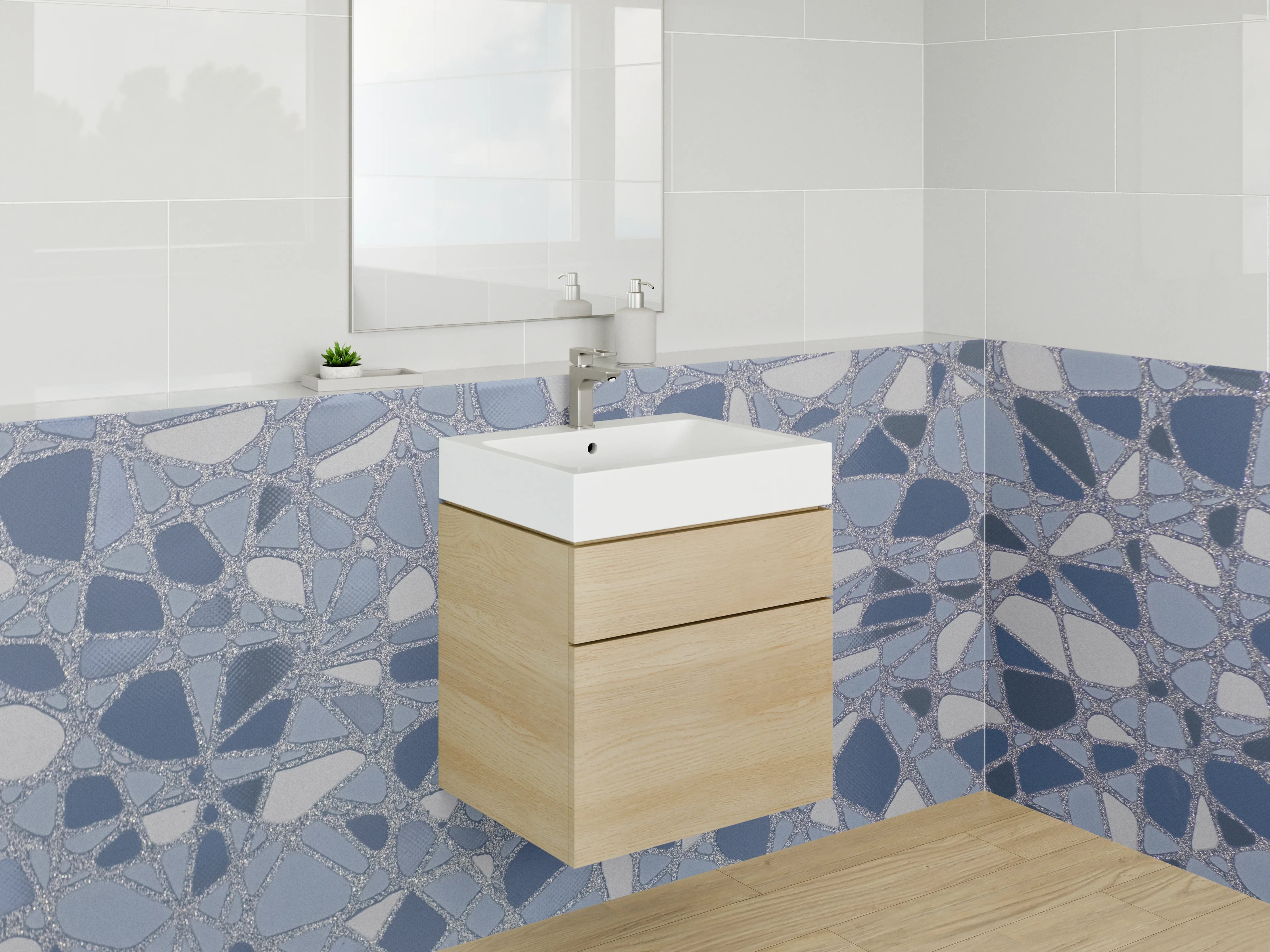 Waschbecken-Rückwand - Abstraktes Fliesen-Mosaik in Blautönen