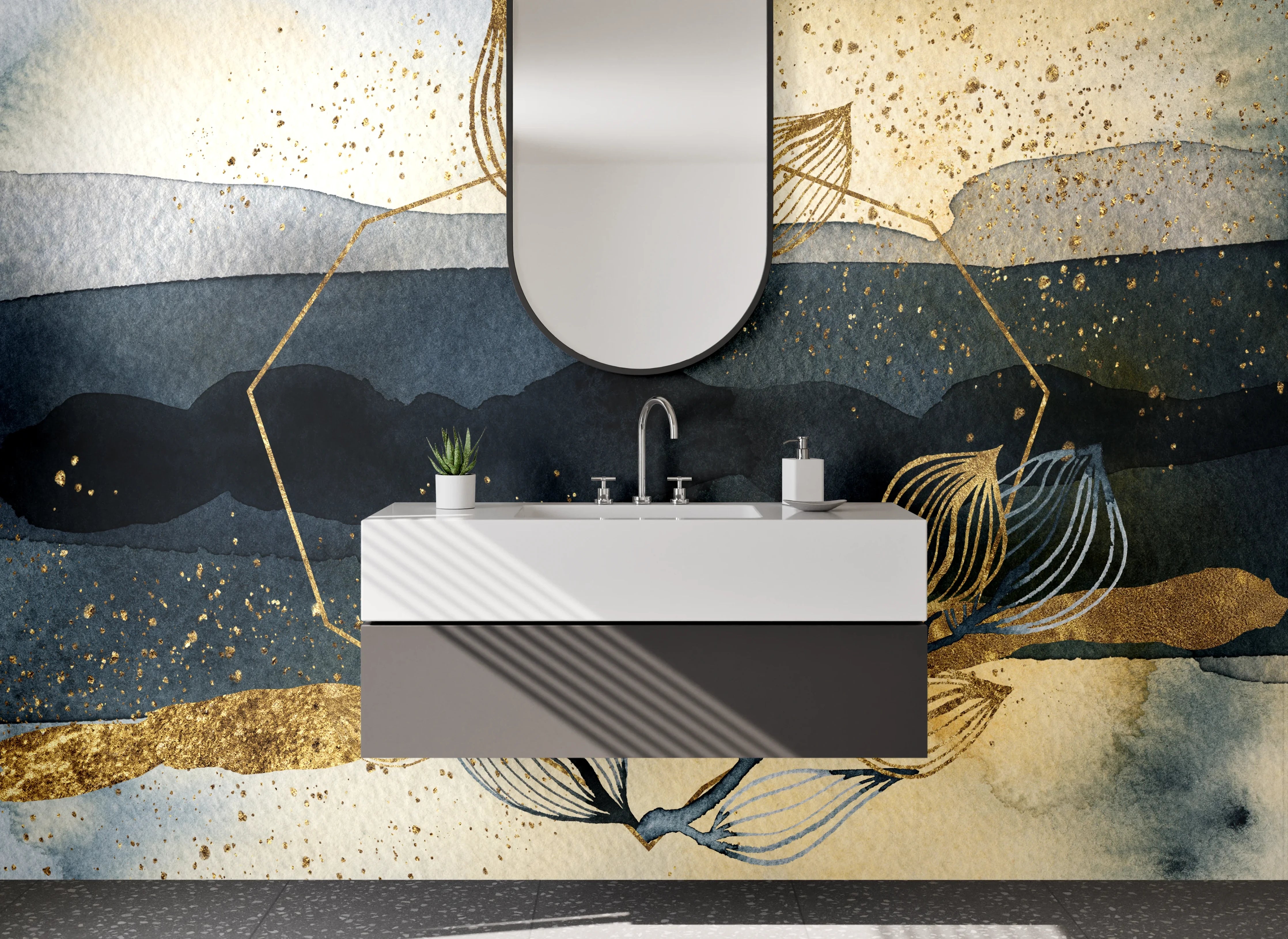Waschbecken-Rückwand - Abstraktes Gold Aquarell Design