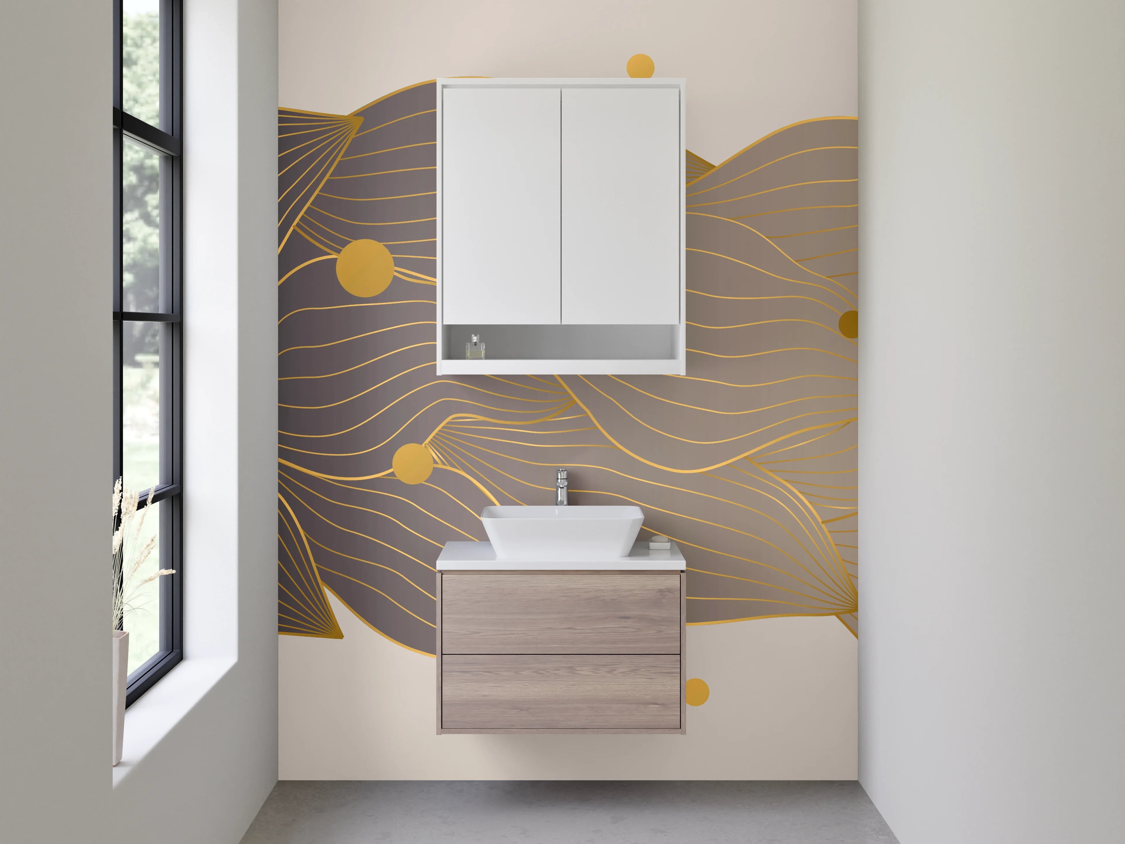 Waschbecken-Rückwand - Abstraktes Gold Lineart auf Beige