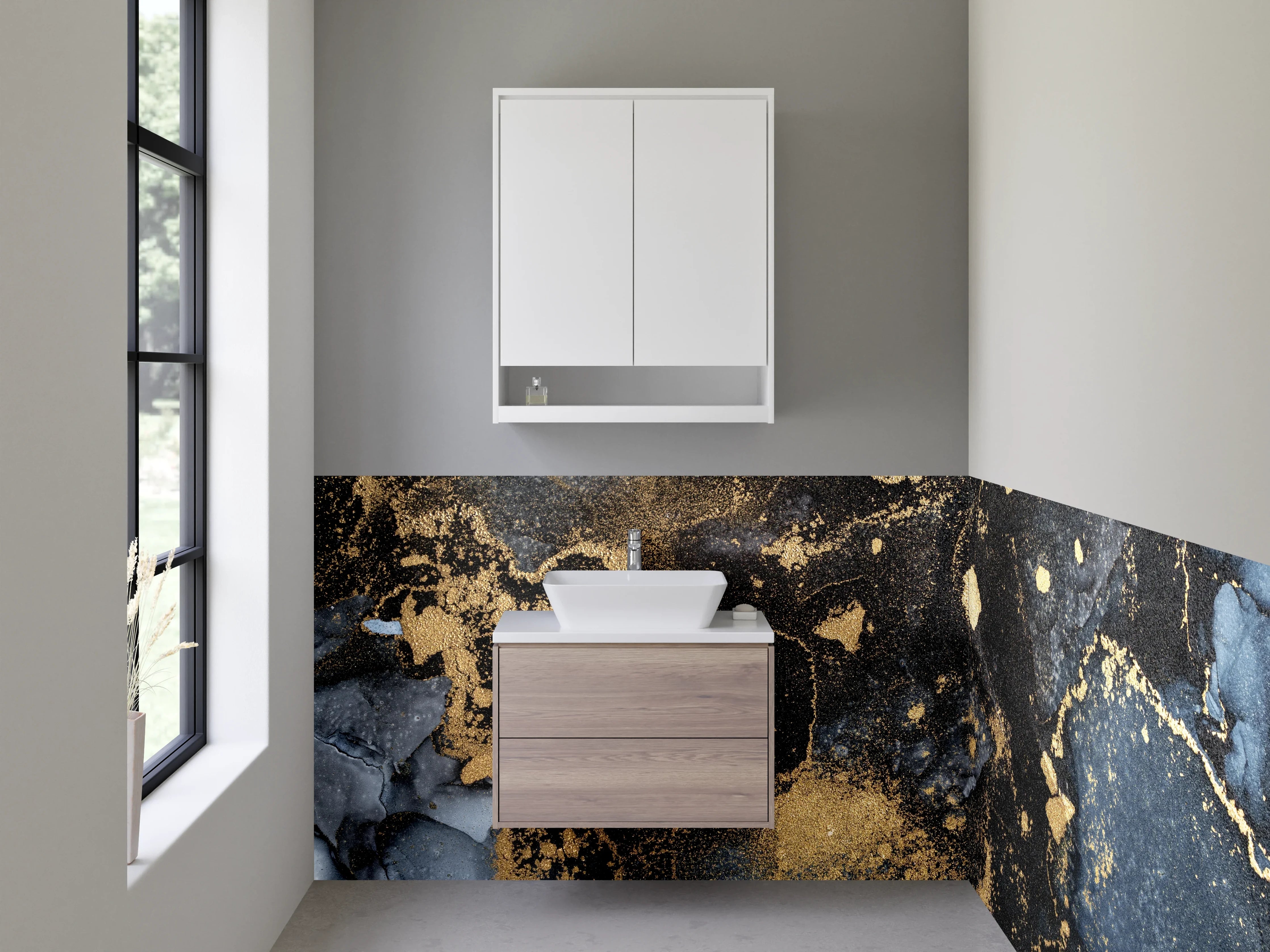 Waschbecken-Rückwand - Abstraktes Gold-Marmor Design