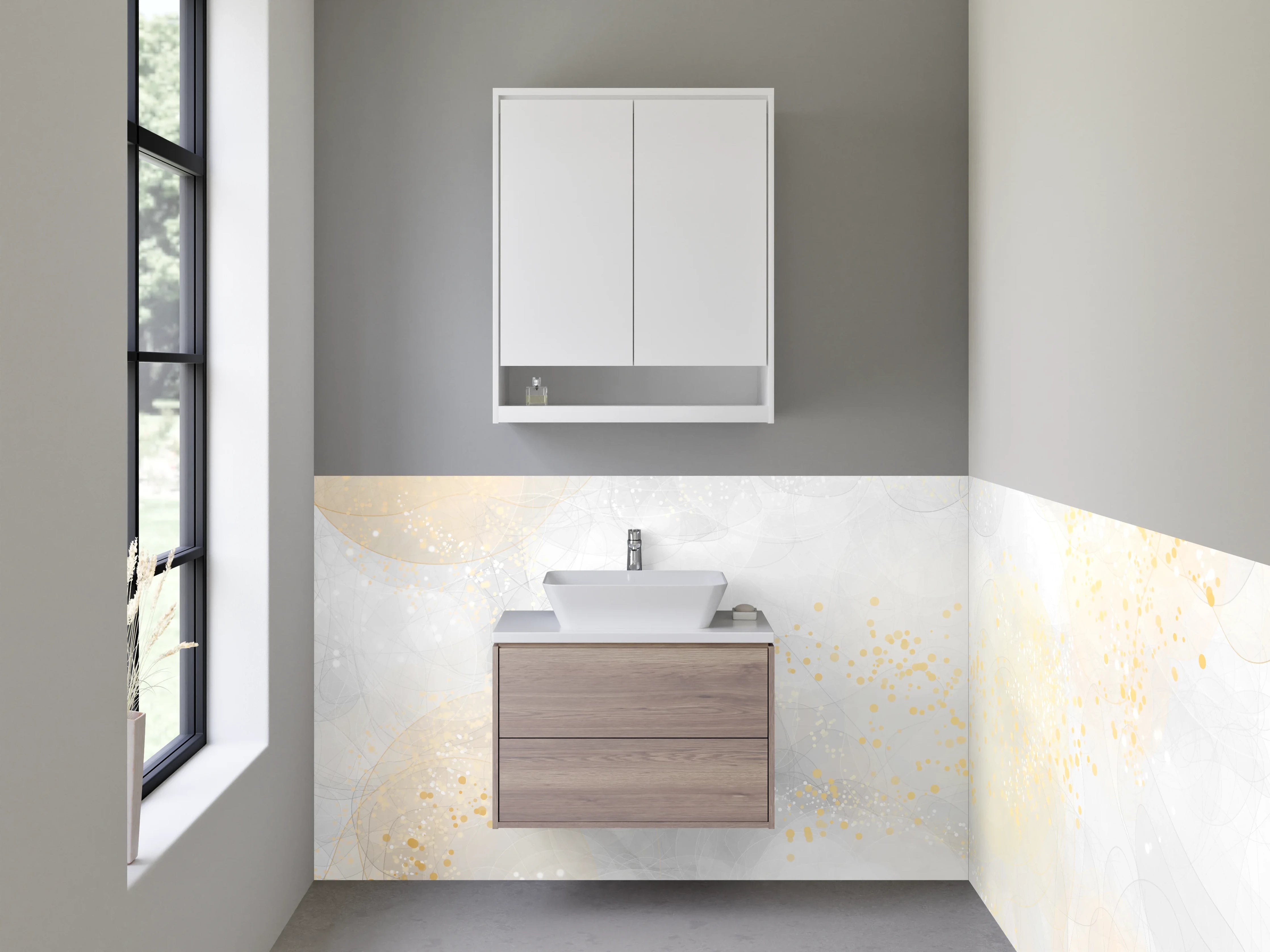 Waschbecken-Rückwand - Abstraktes Gold auf Weiß und Beige