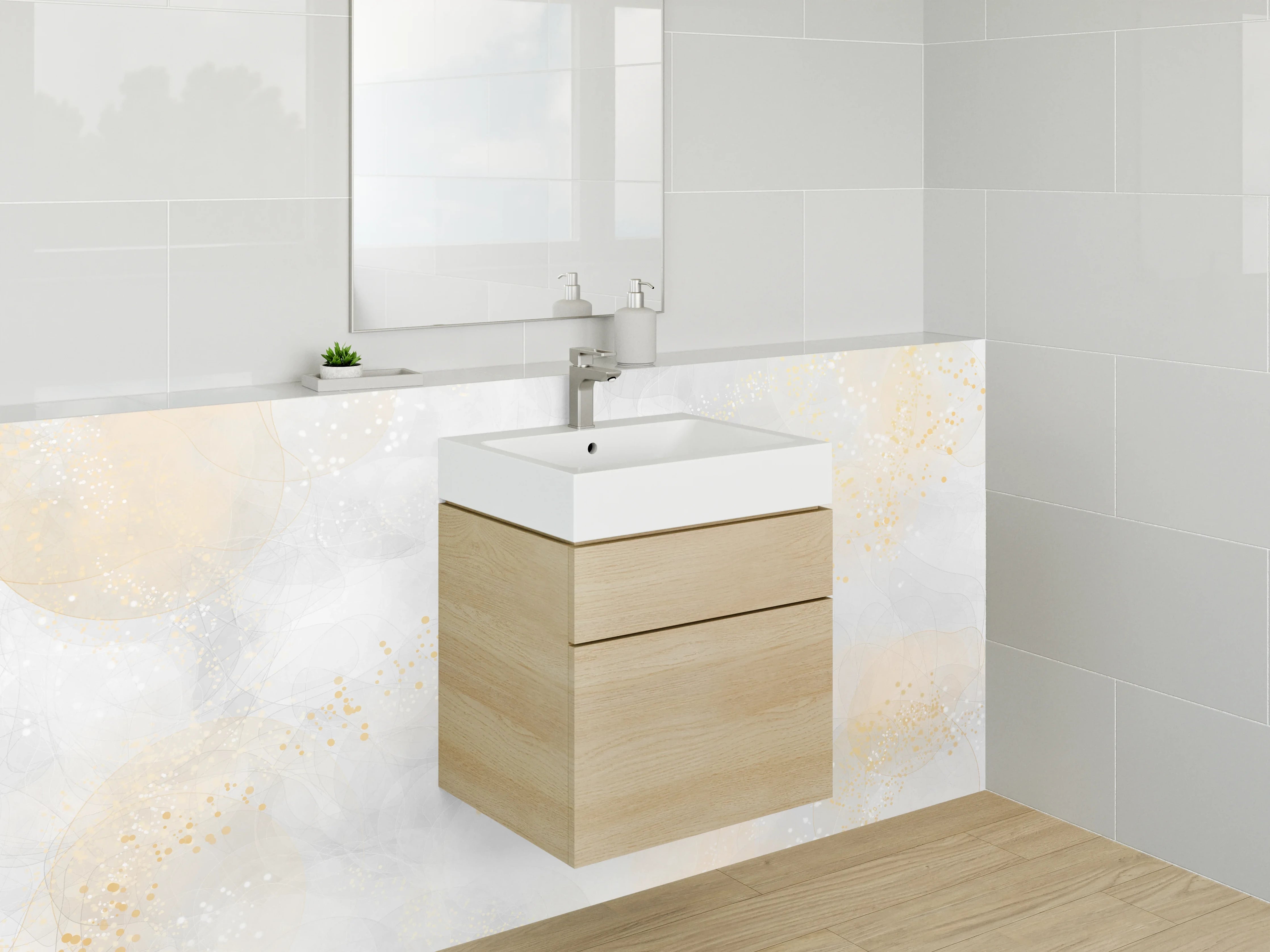 Waschbecken-Rückwand - Abstraktes Gold auf Weiß und Beige