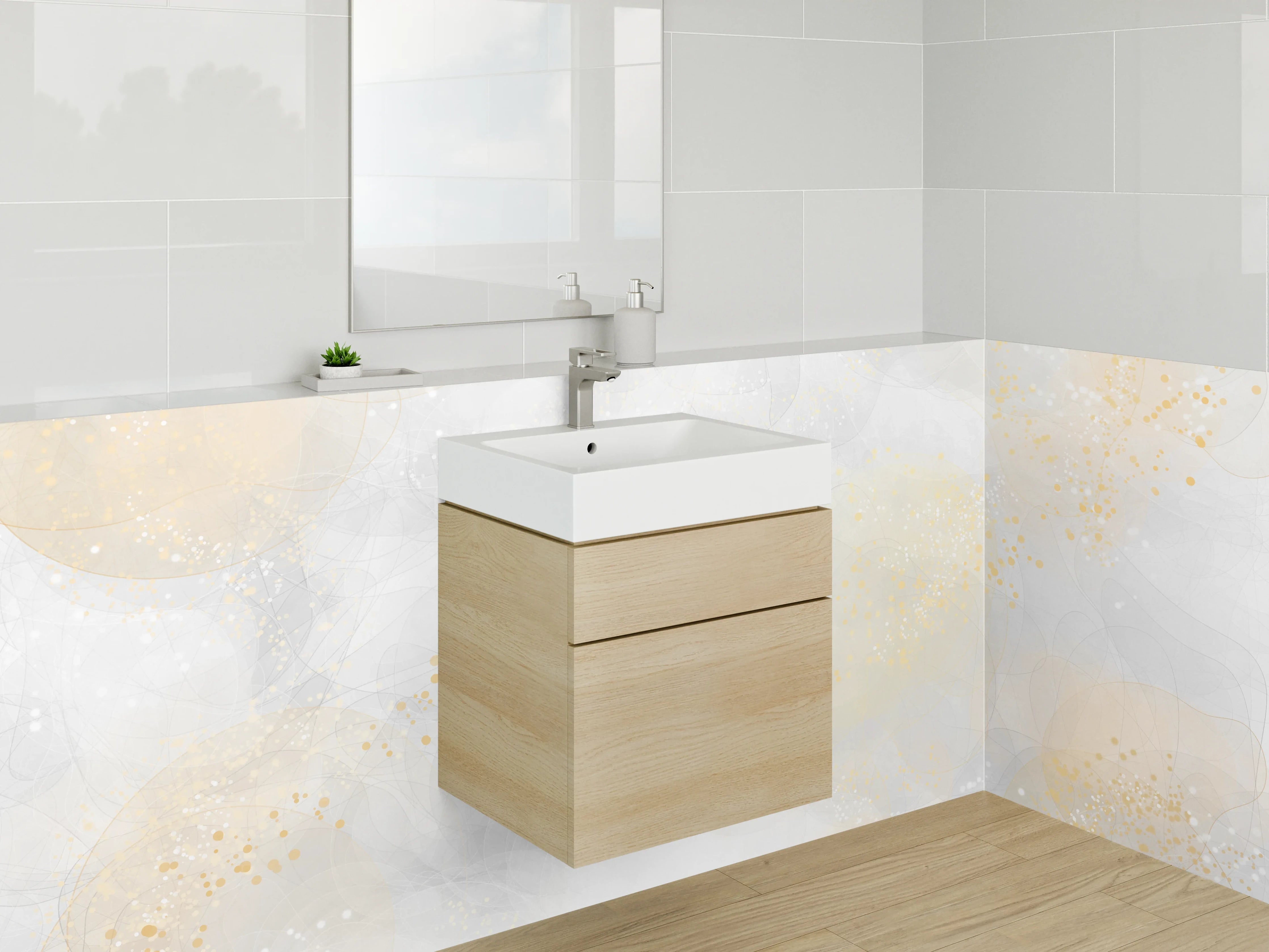 Waschbecken-Rückwand - Abstraktes Gold auf Weiß und Beige