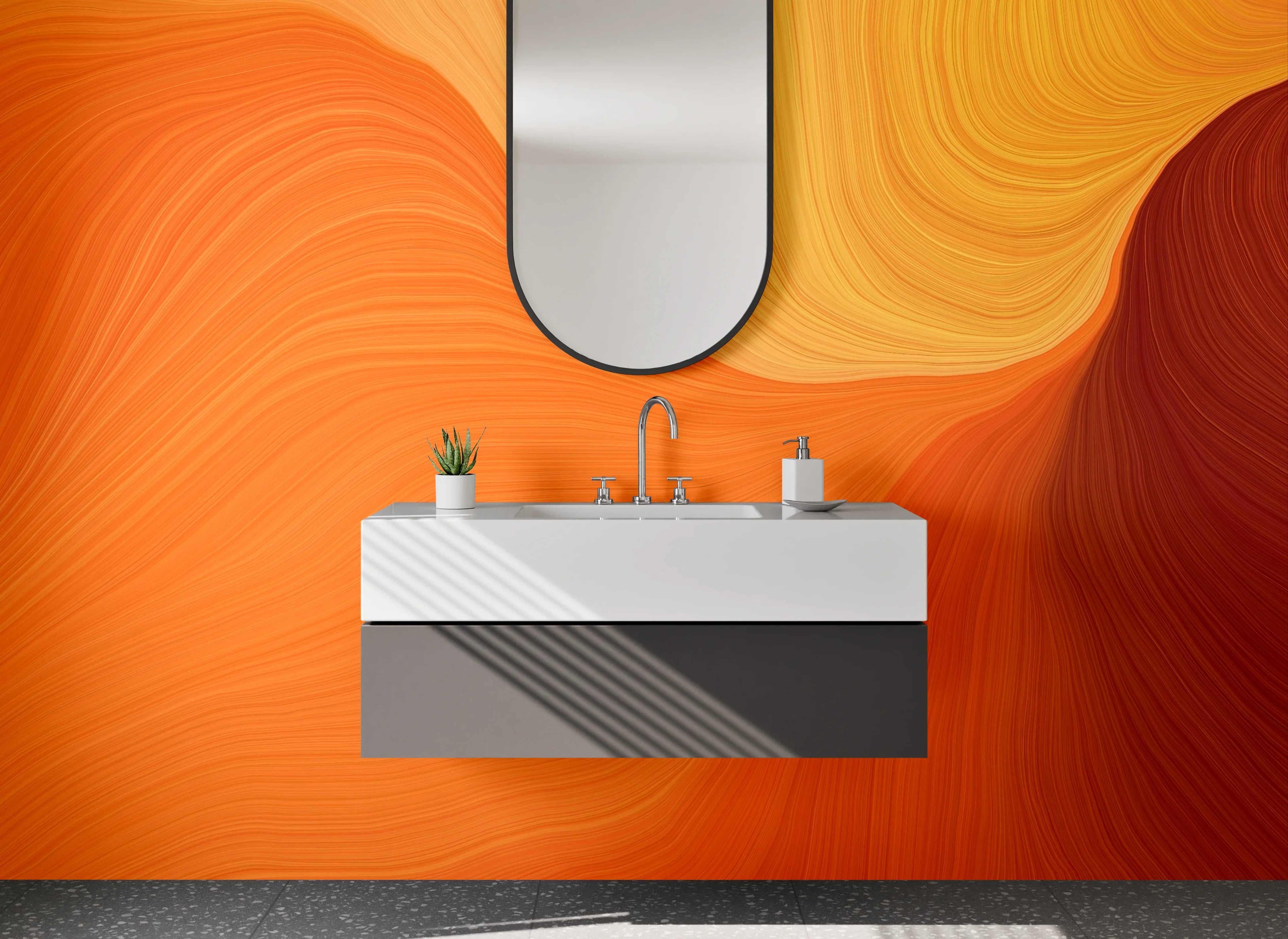 Waschbecken-Rückwand - Abstraktes Orange Wellen Motiv