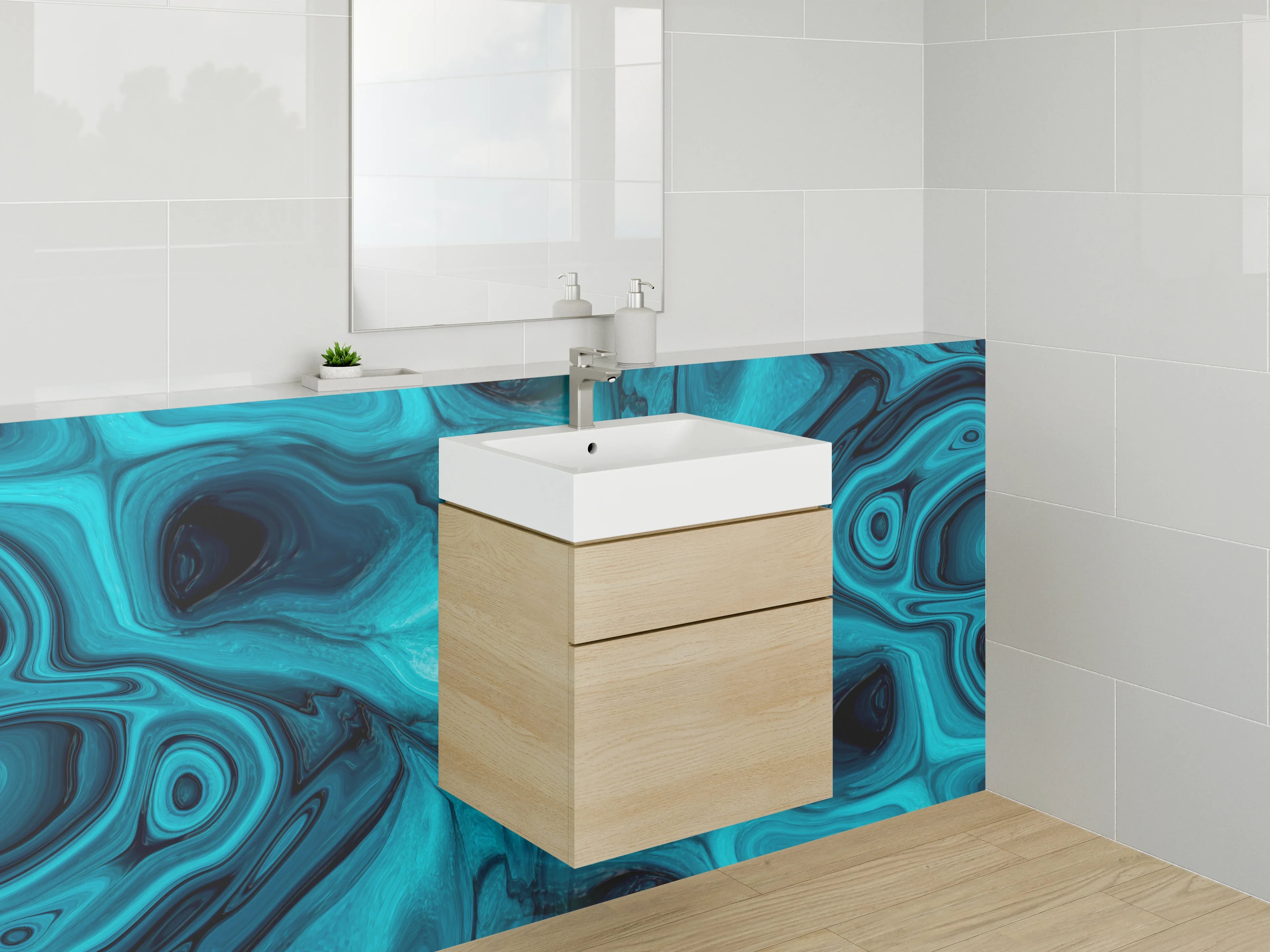 Waschbecken-Rückwand - Abstraktes Ozeanblau Marmor Design