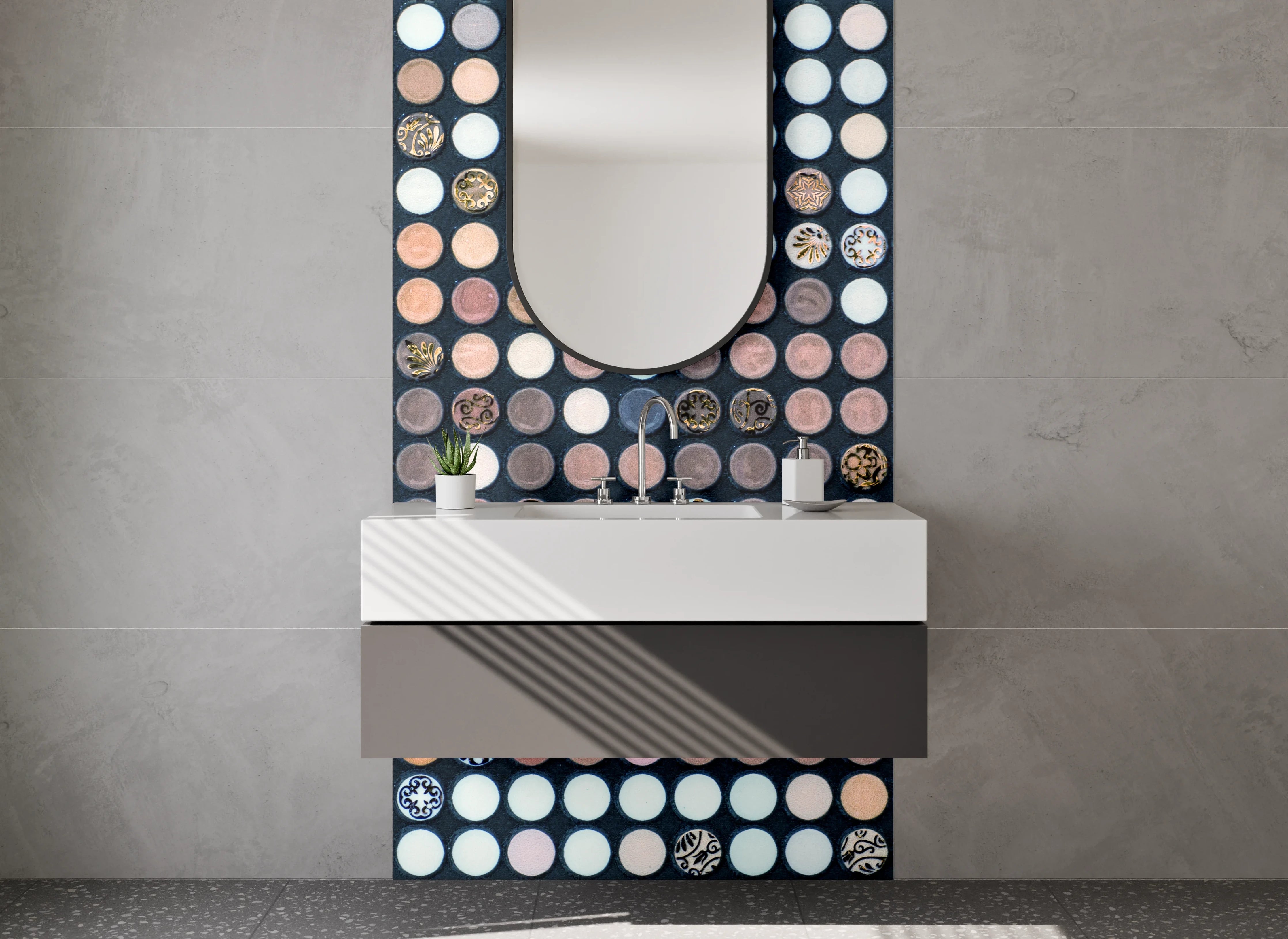 Waschbecken-Rückwand - Abstraktes Punkt-Mosaik Braun Beige