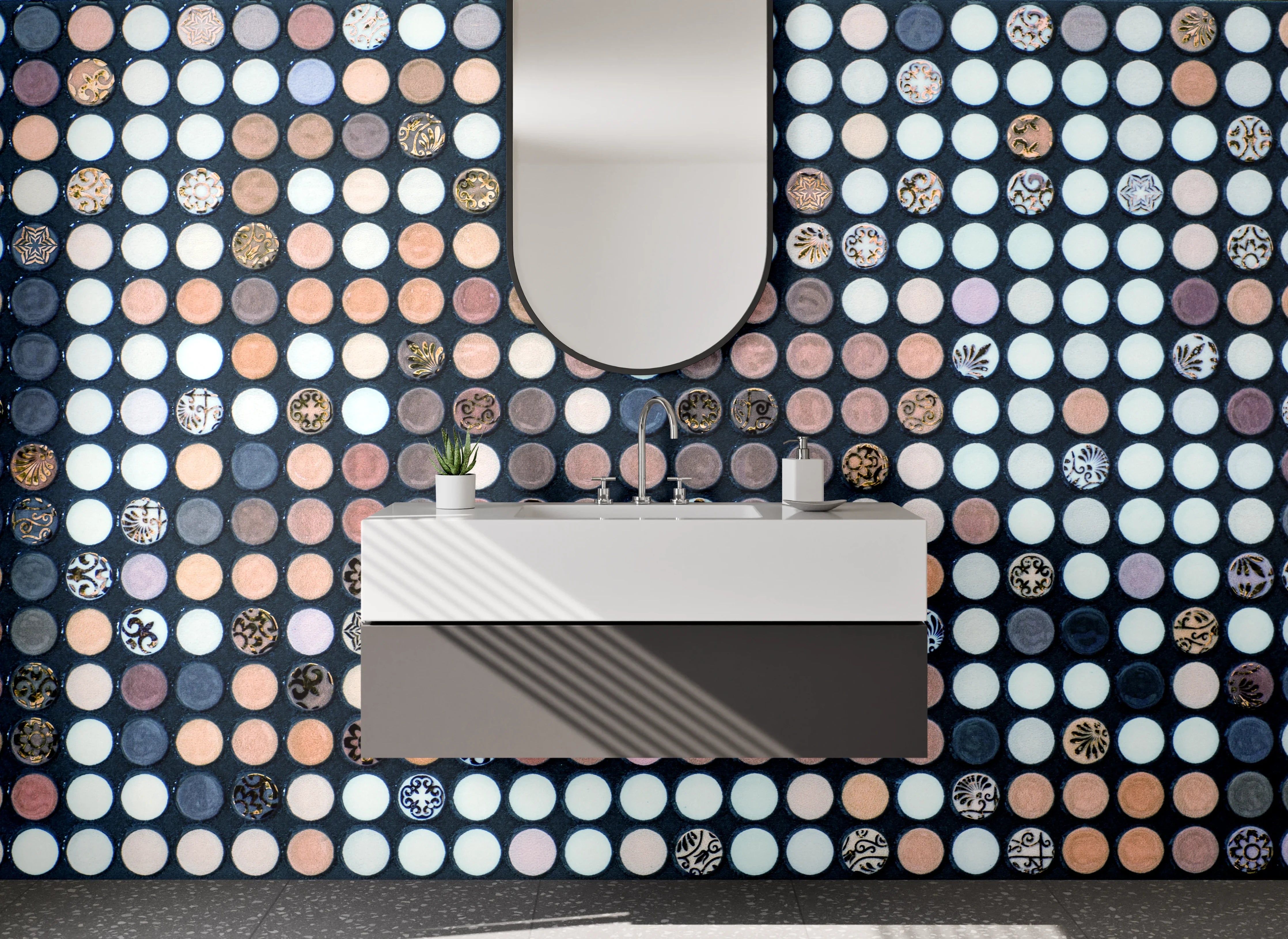 Waschbecken-Rückwand - Abstraktes Punkt-Mosaik Braun Beige