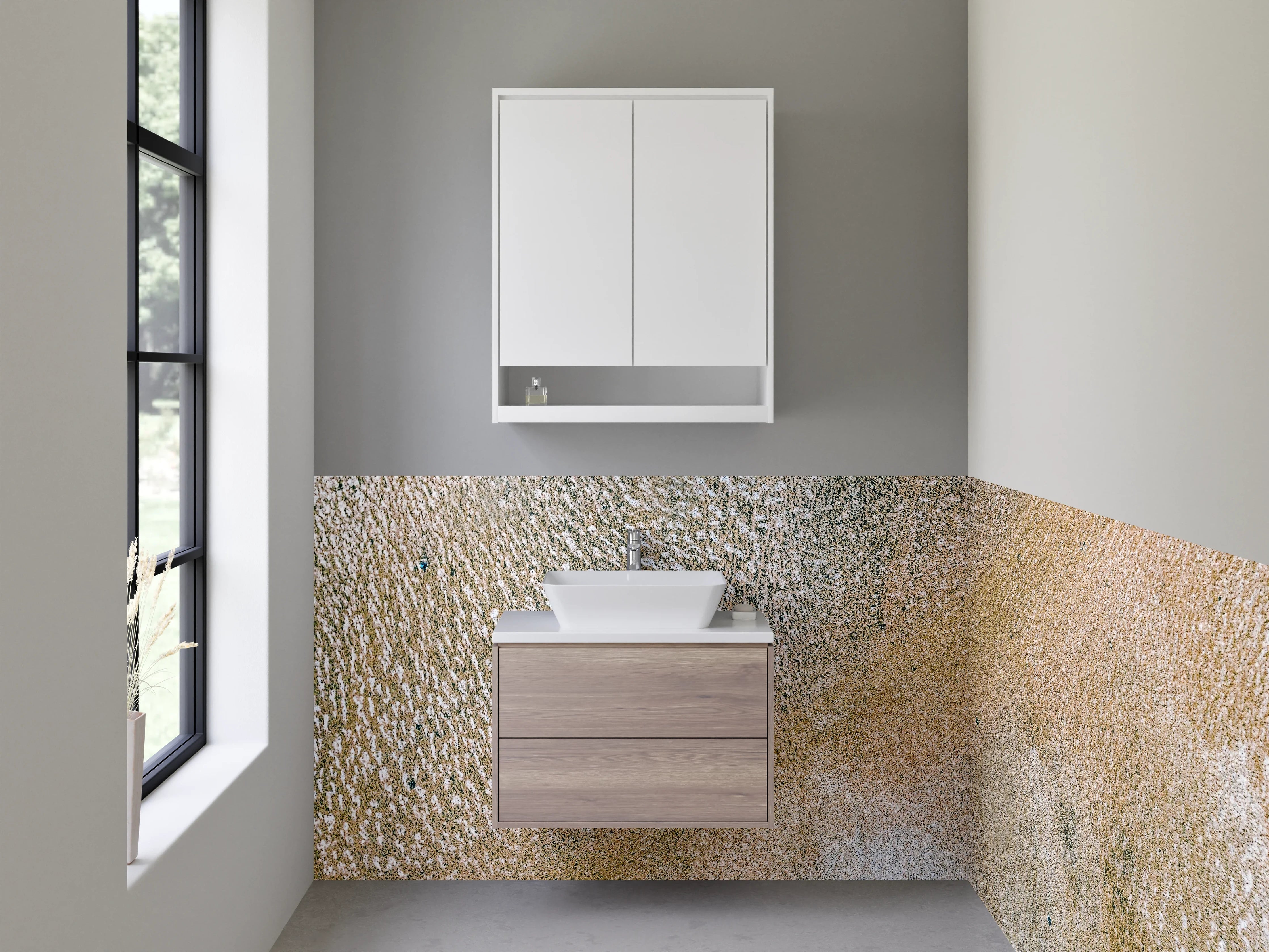 Waschbecken-Rückwand - Abstraktes Sand-Muster in Weiß und Beige
