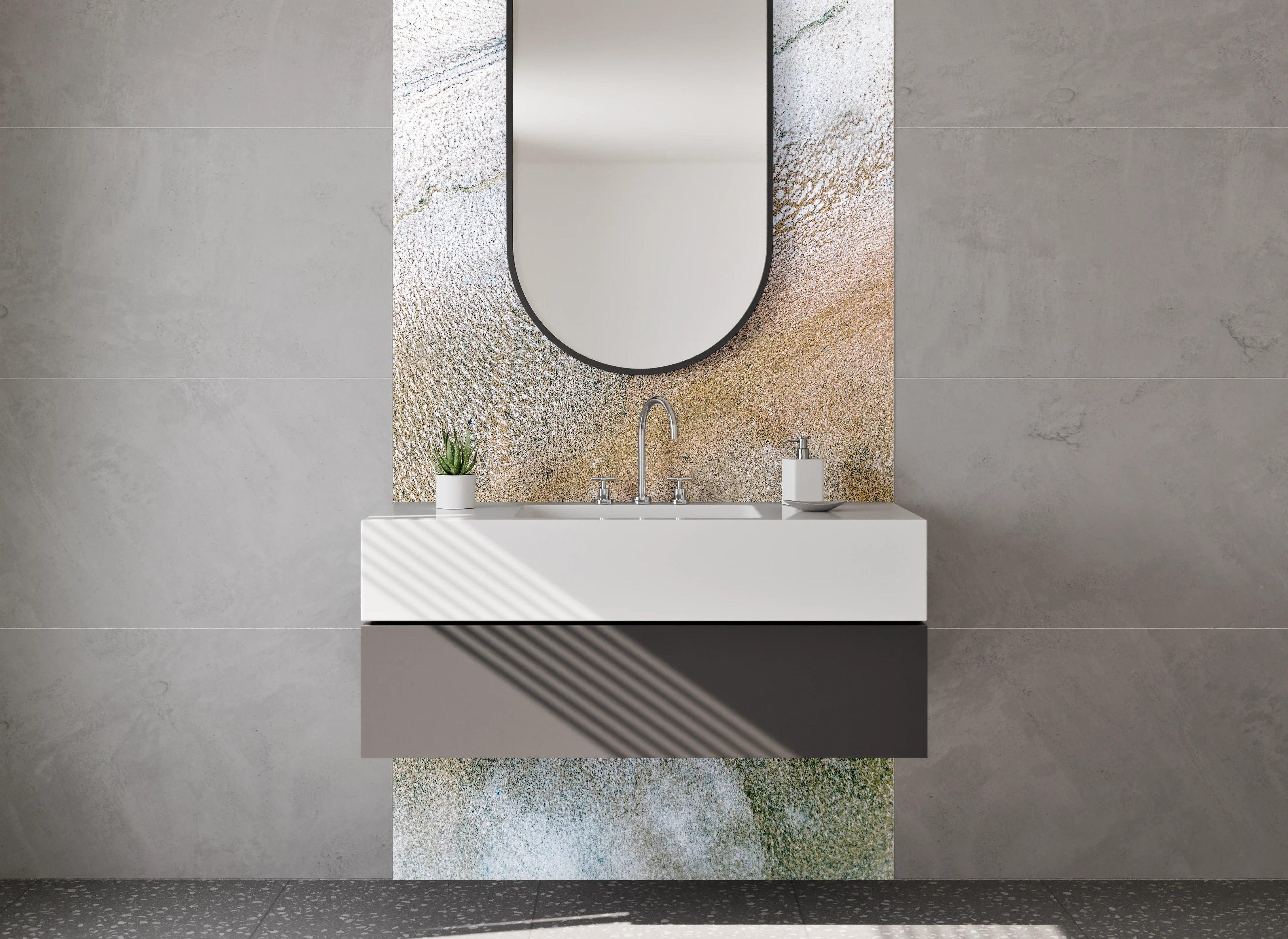 Waschbecken-Rückwand - Abstraktes Sand-Muster in Weiß und Beige