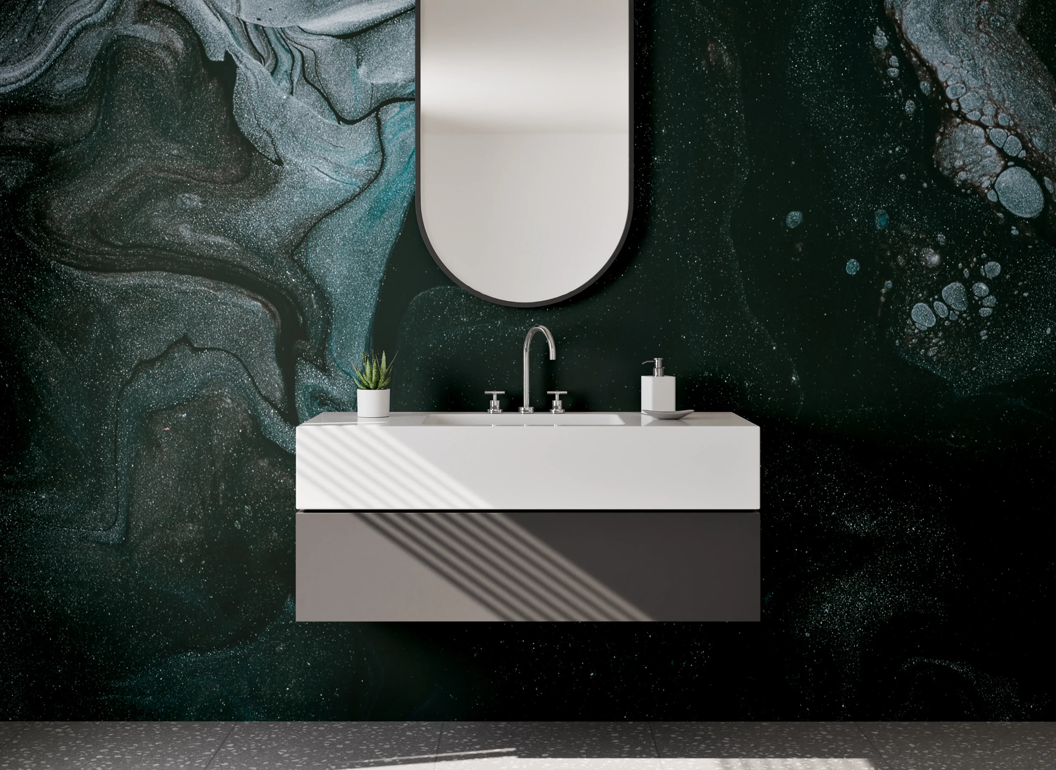 Waschbecken-Rückwand - Abstraktes Schwarz Marmor Kunstwerk