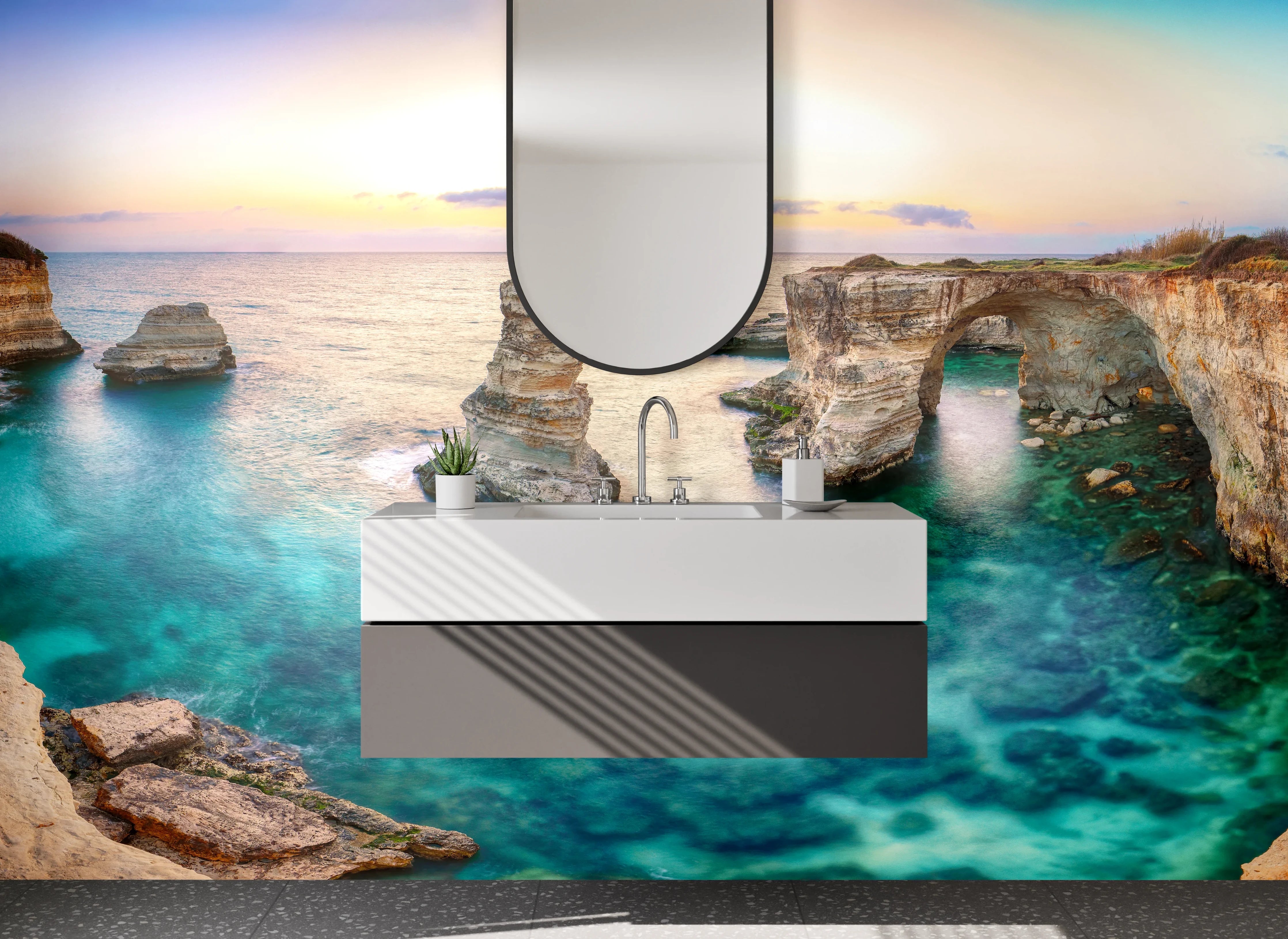 Waschbecken-Rückwand - Adriatische Naturstein-Formation Sonnenuntergang