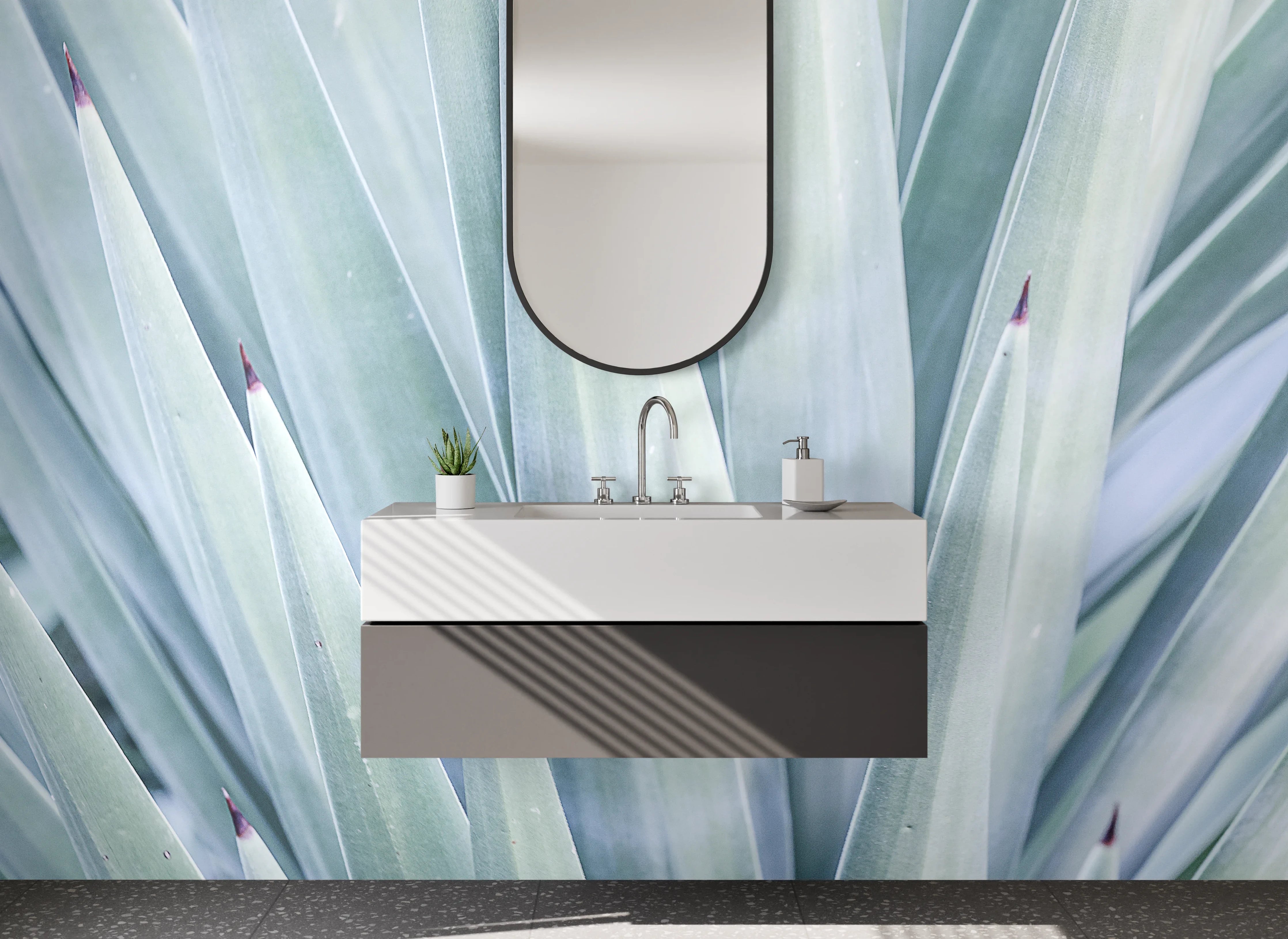 Waschbecken-Rückwand - Agavenblatt in zartem Weiß und Grün