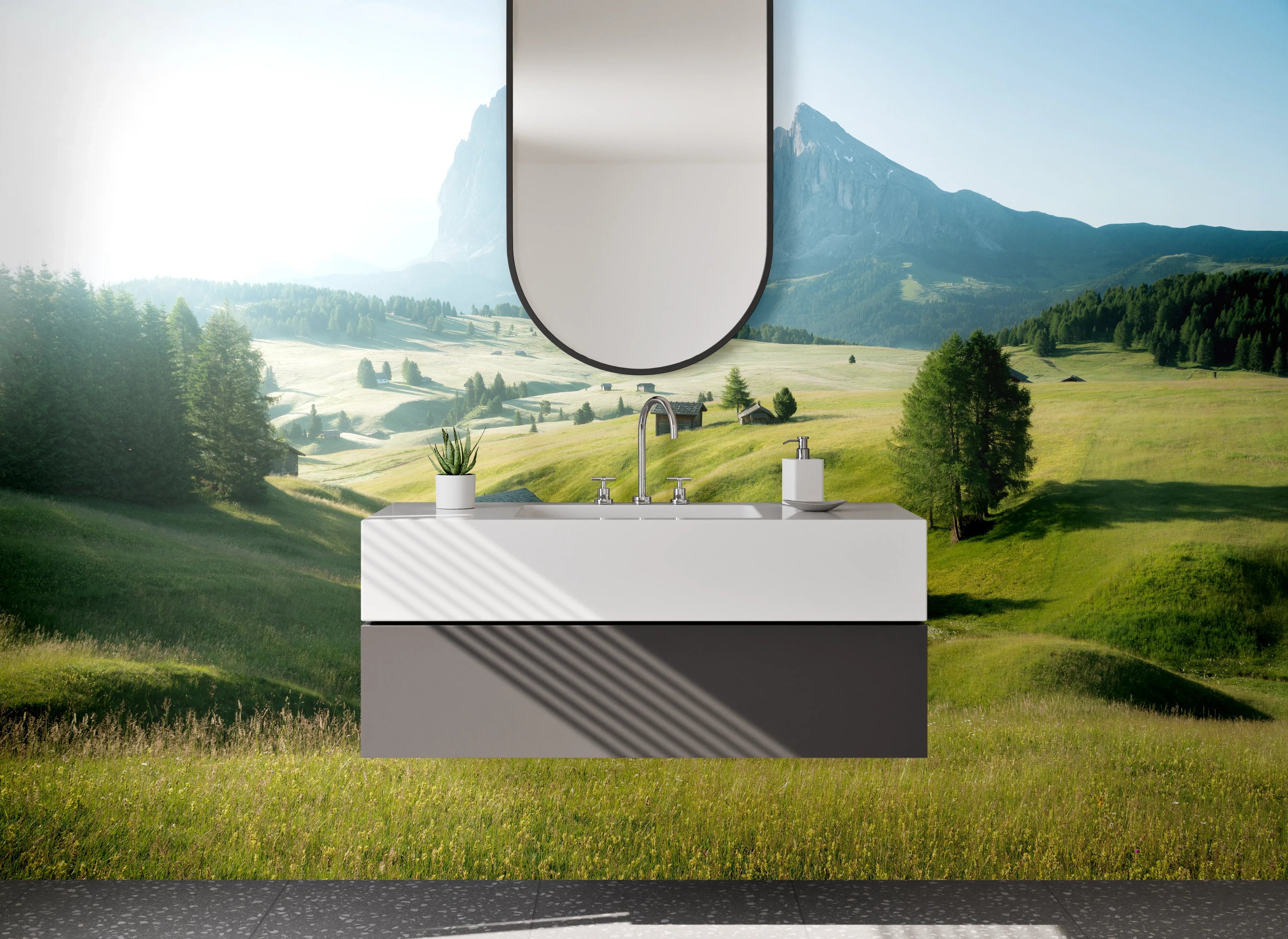 Waschbecken-Rückwand - Alpenländische Wiesenlandschaft Panorama