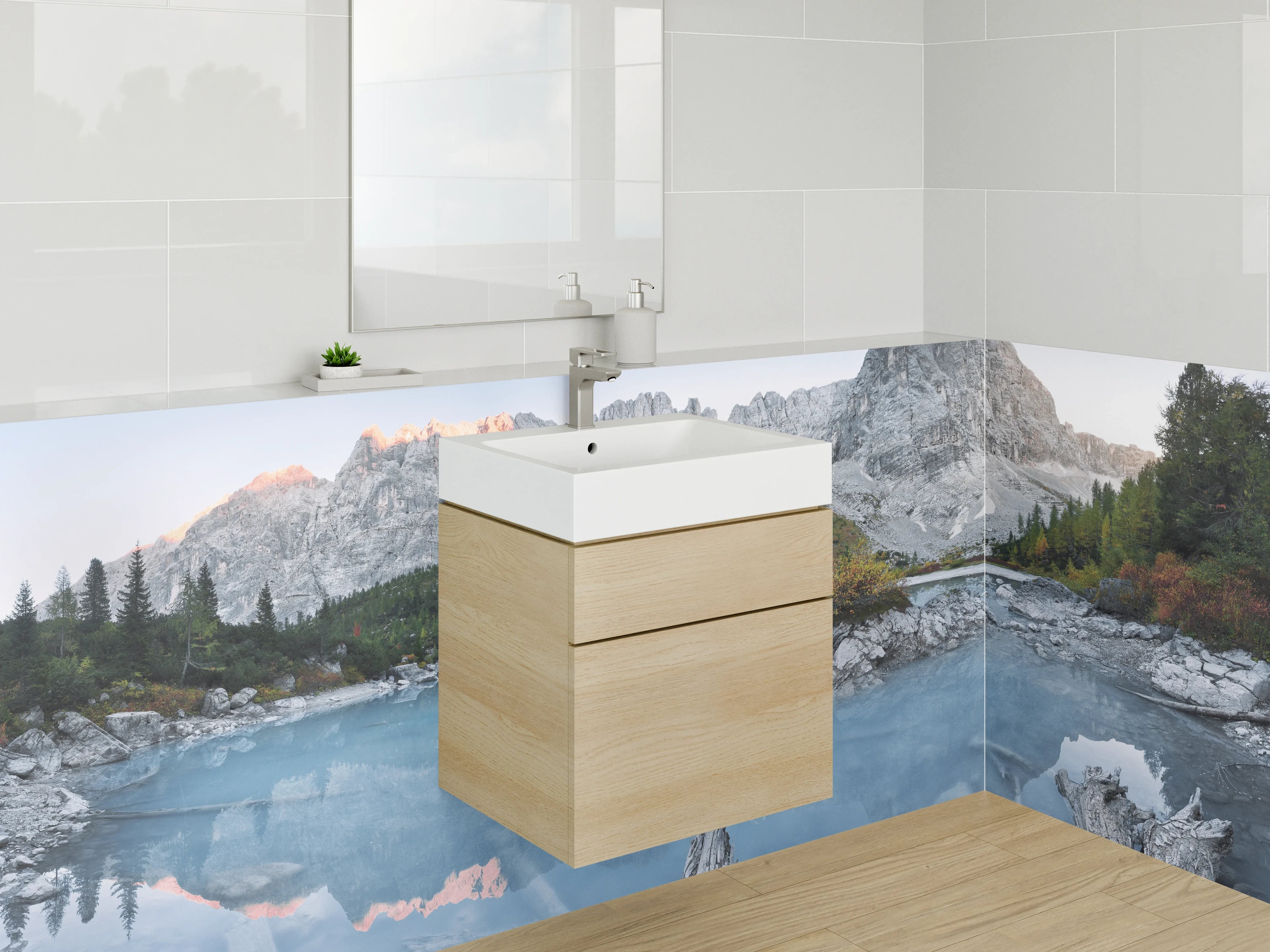 Waschbecken-Rückwand - Alpenpanorama am Bergsee